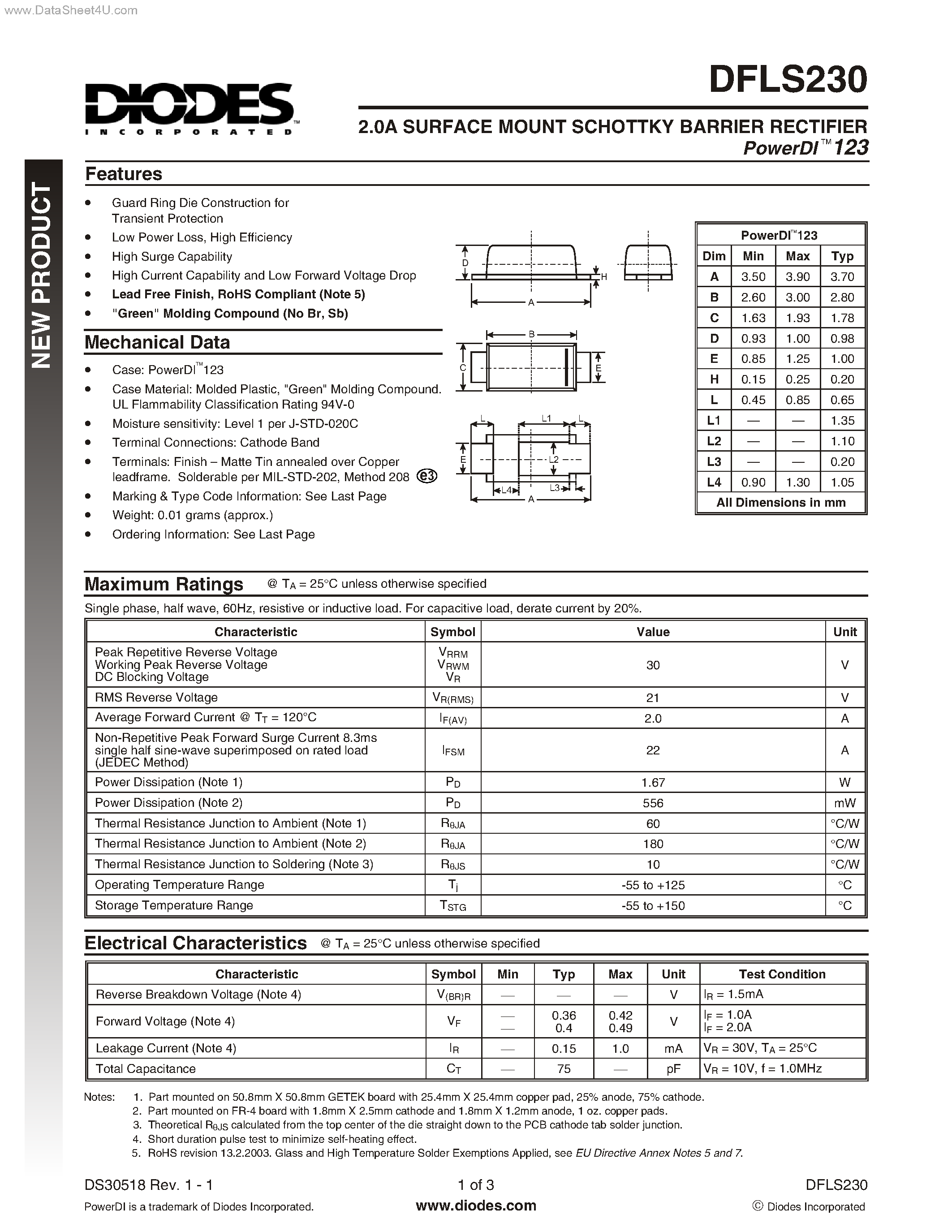 Datasheet DFLS230 - SURFACE MOUNT SCHOTTKY BARRIER RECTIFIER page 1