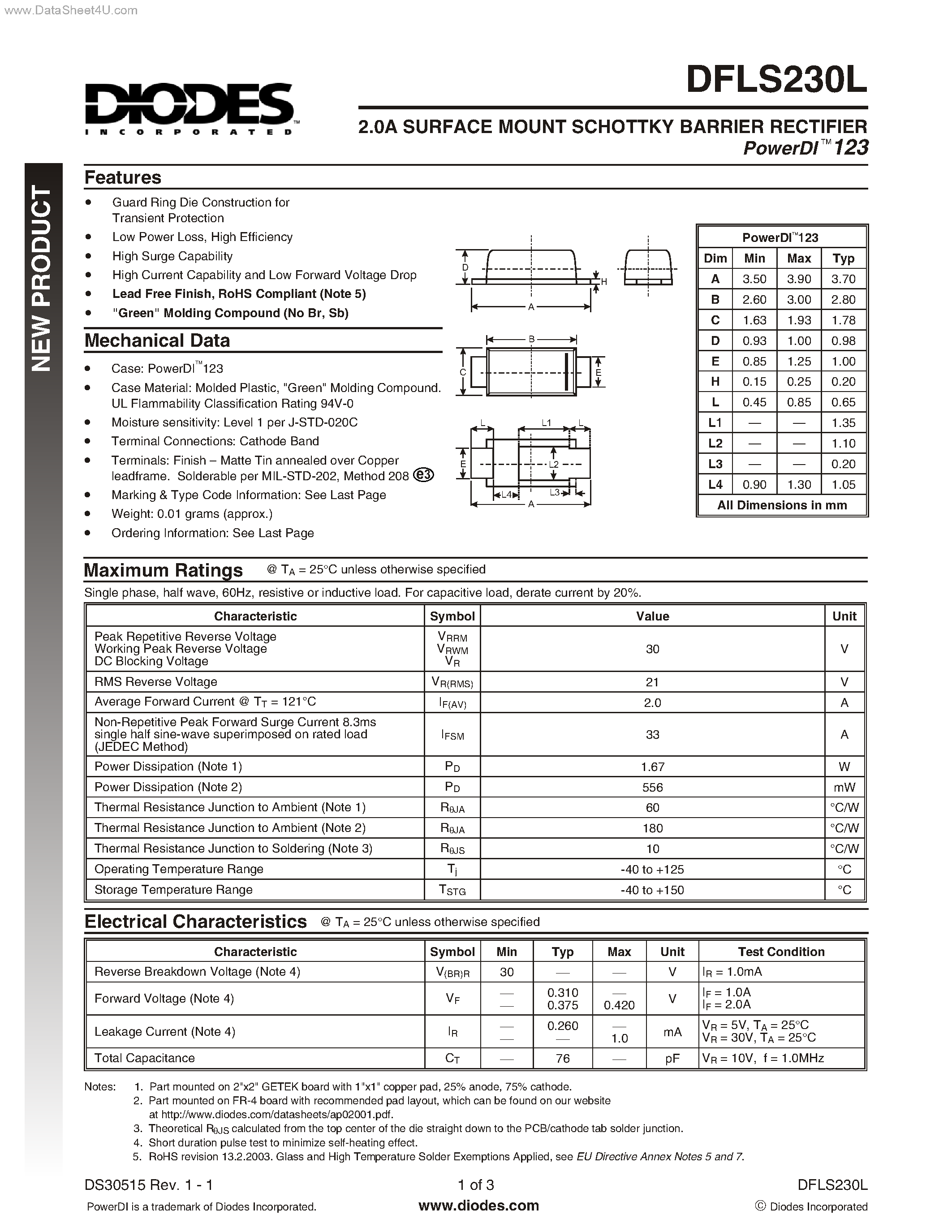 Datasheet DFLS230L - SURFACE MOUNT SCHOTTKY BARRIER RECTIFIER page 1