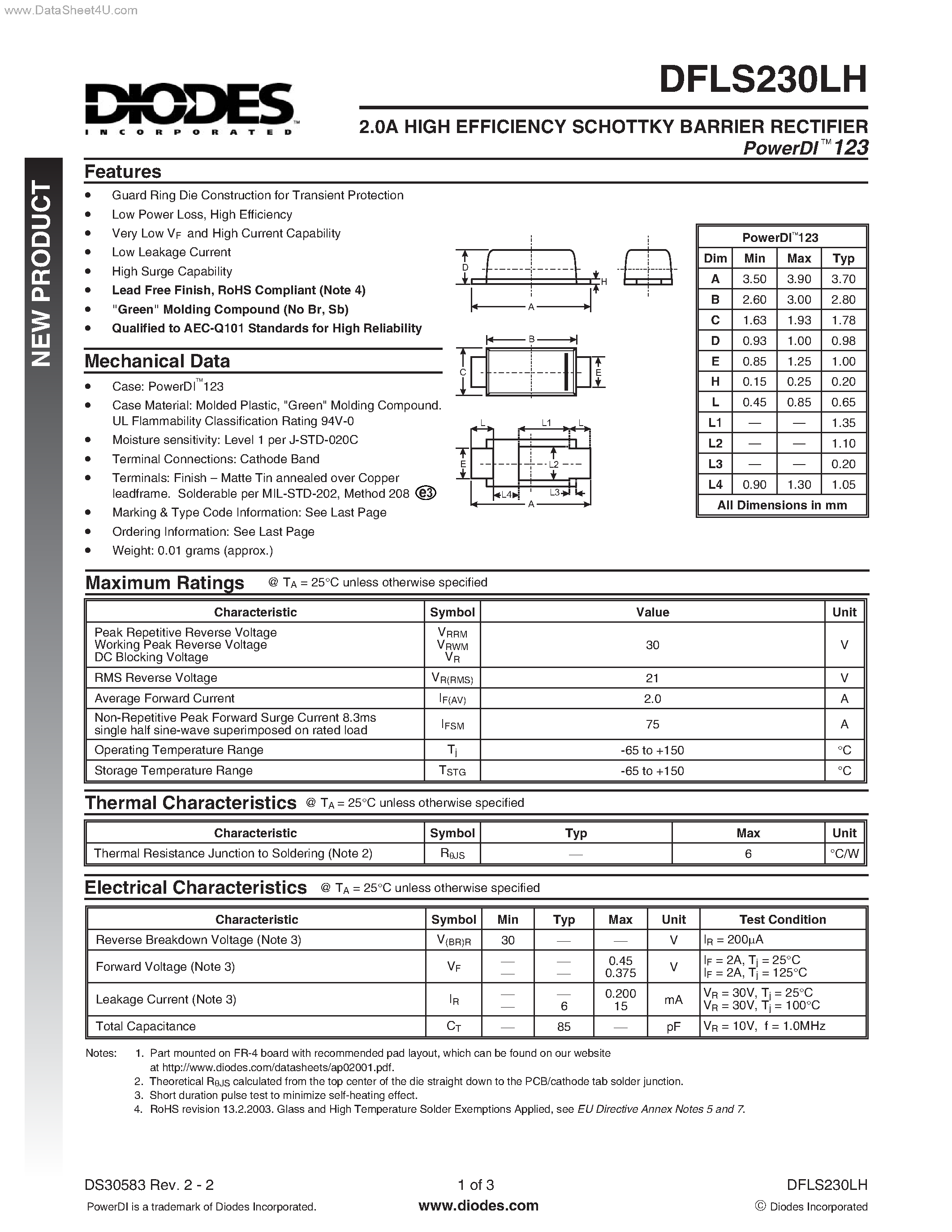 Datasheet DFLS230LH - HIGH EFFICIENCY SCHOTTKY BARRIER RECTIFIER page 1