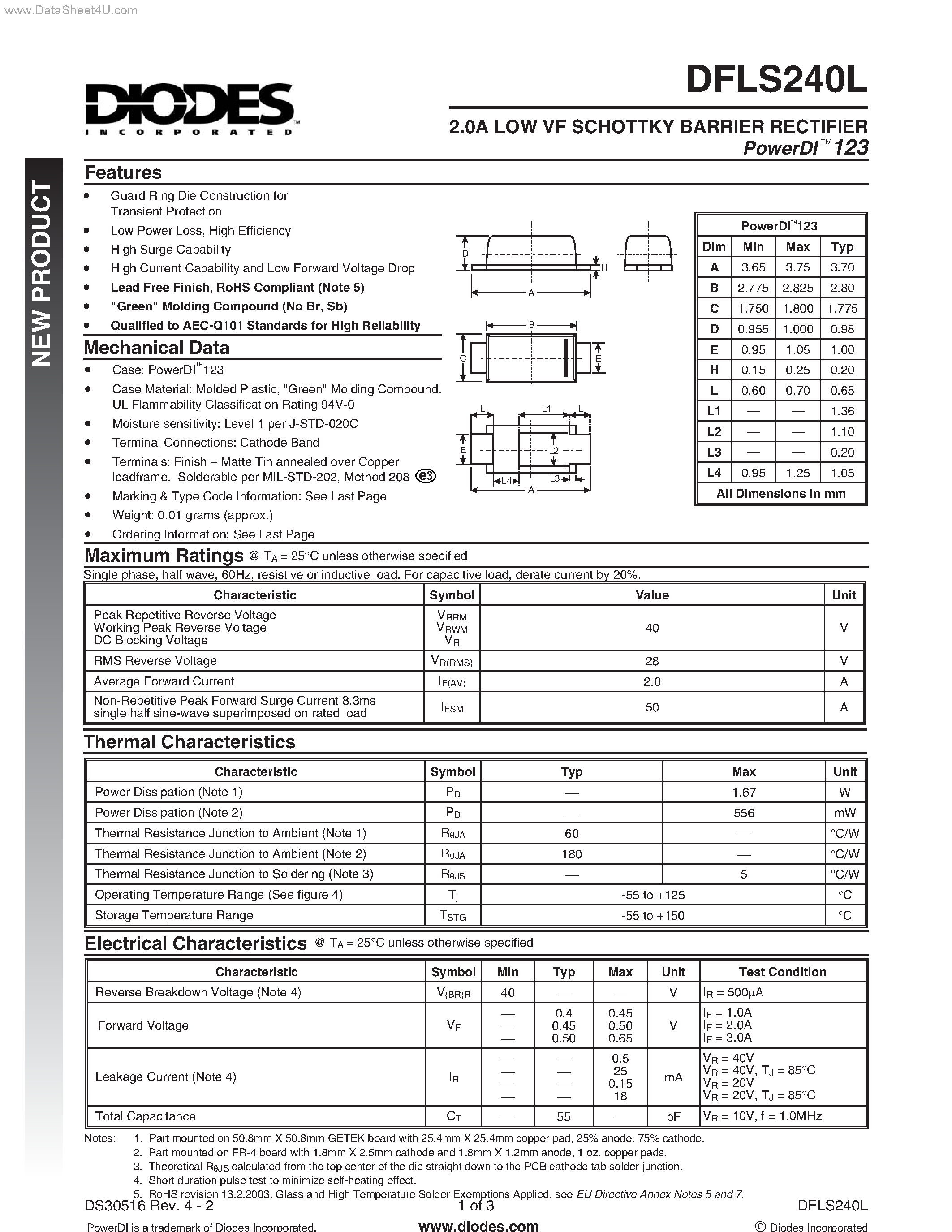 Datasheet DFLS240L - LOW VF SCHOTTKY BARRIER RECTIFIER page 1