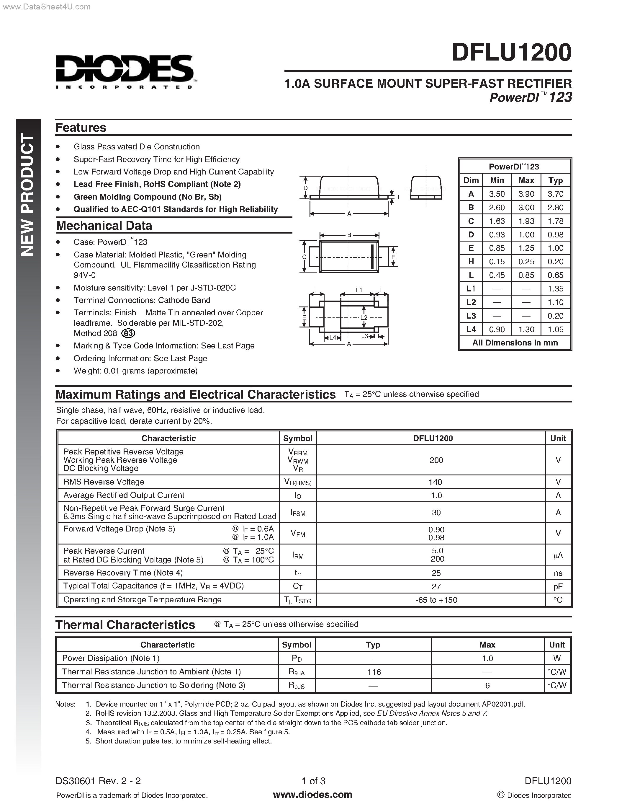 Datasheet DFLU1200 - SURFACE MOUNT SUPER-FAST RECTIFIER page 1