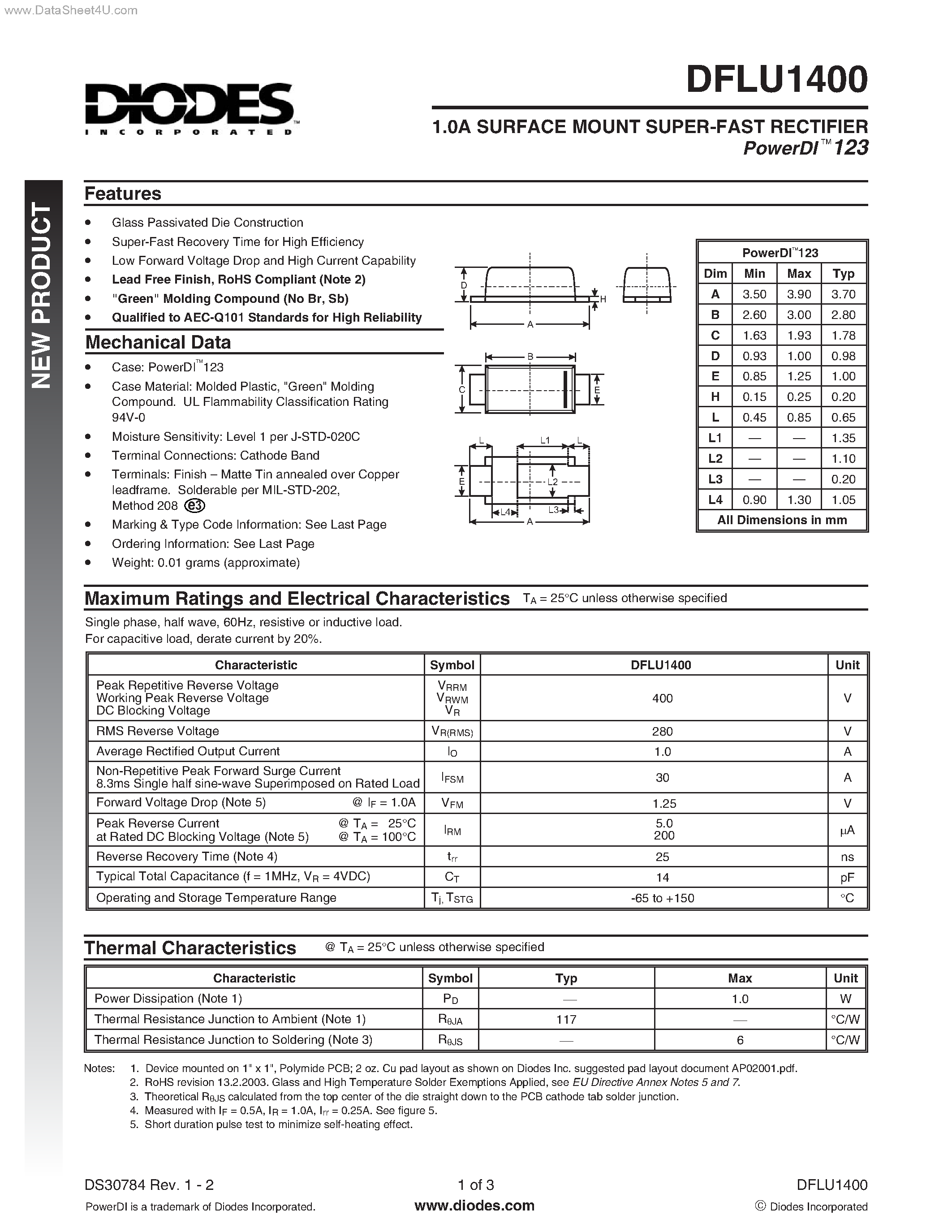 Datasheet DFLU1400 - SURFACE MOUNT SUPER-FAST RECTIFIER page 1