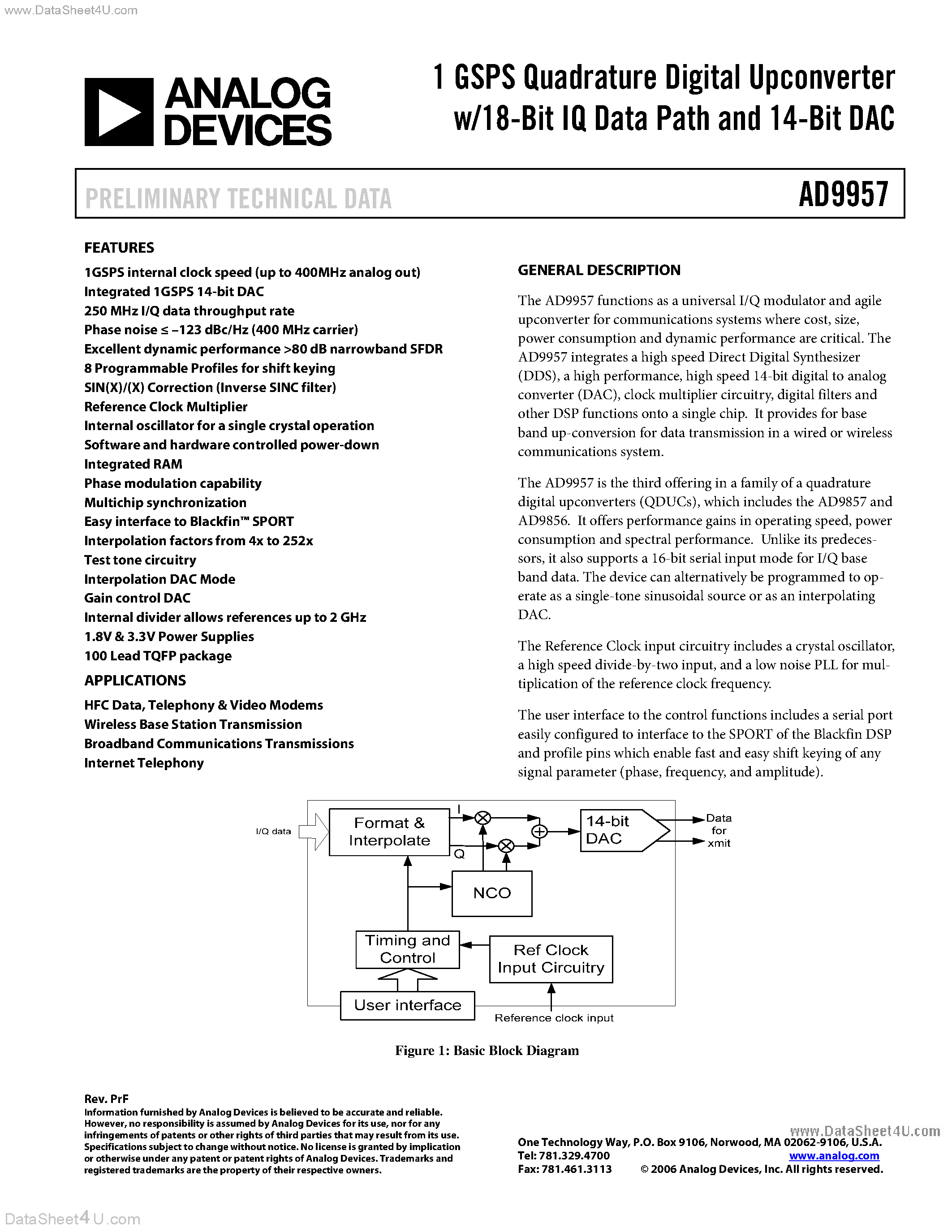Datasheet AD9957 - 1 GSPS Quadrature Digital Upconverter page 1