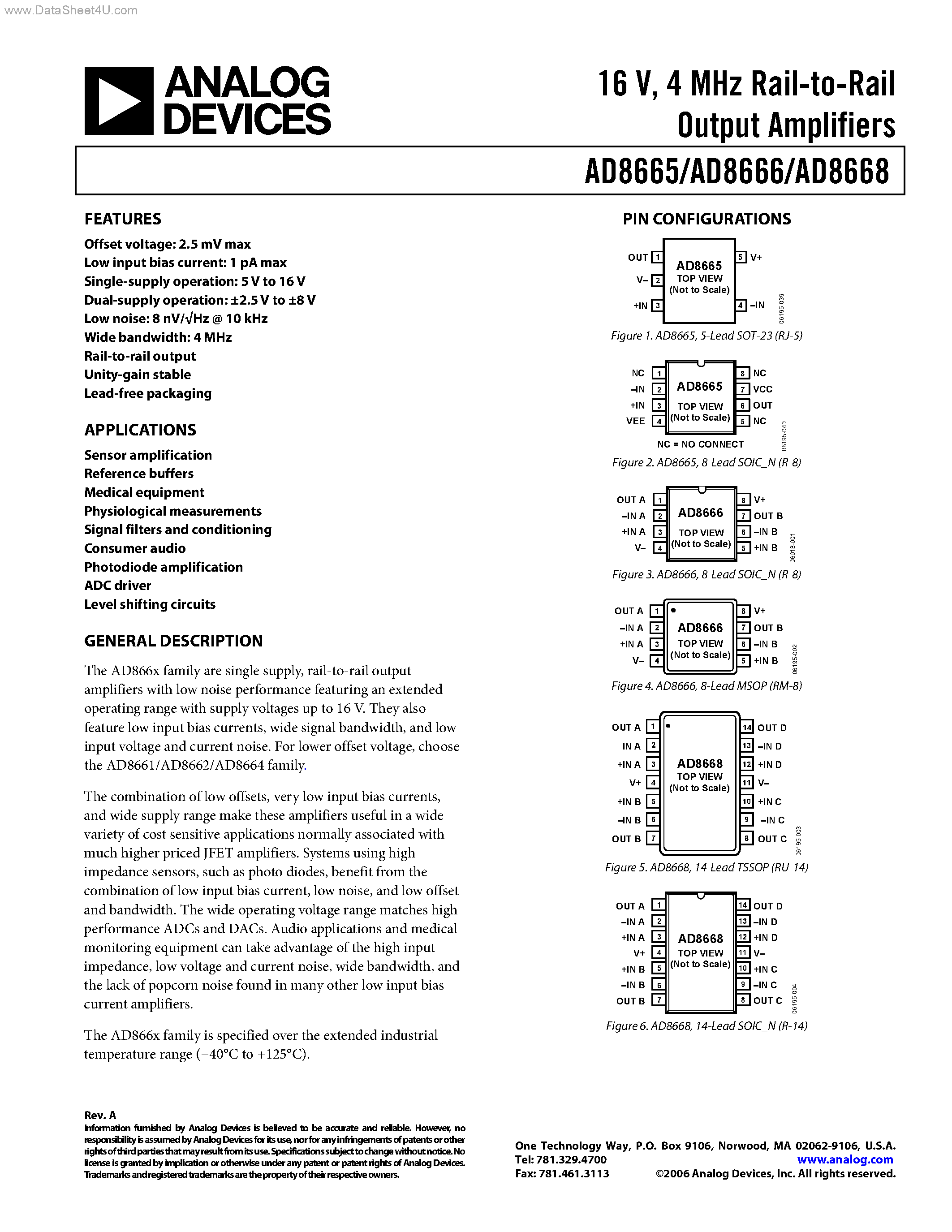 Даташит AD8666 - (AD8666 / AD8668) Rail-to-Rail Output Amplifiers страница 1