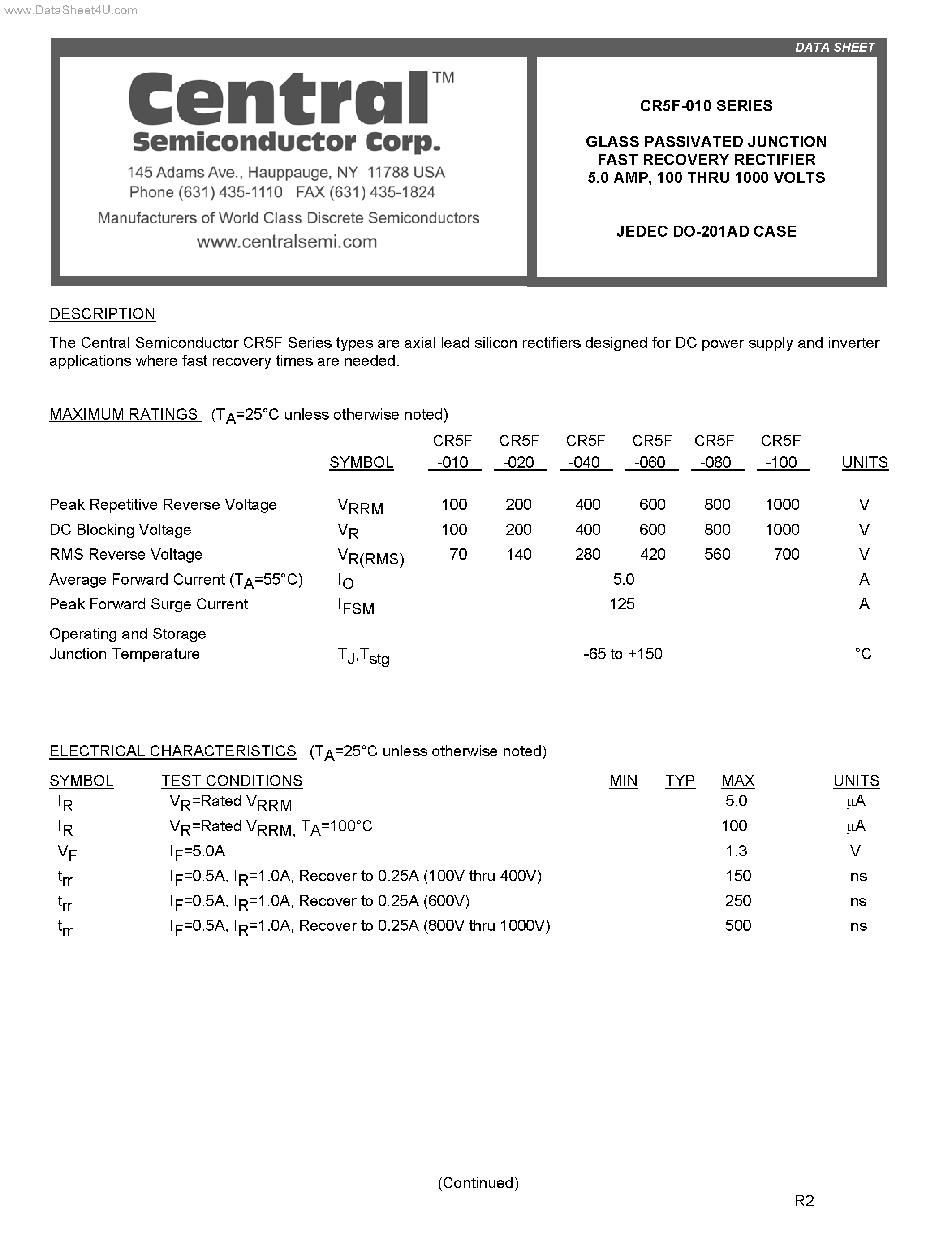 Datasheet CR5F-010 page 1 Datasheet CR5F-010 - GLASS PASSIVATED JUNCTION FAST RECOVERY RECTIFIER page 1