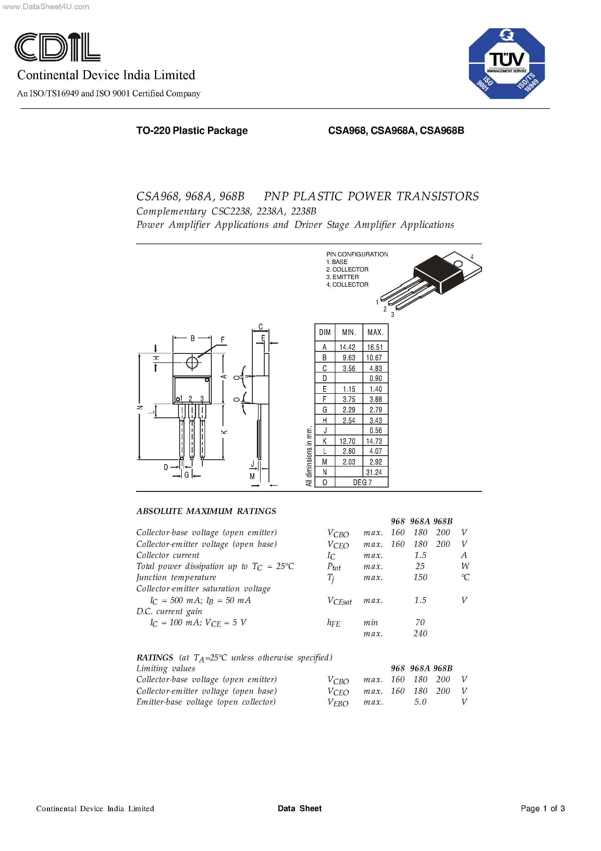 Даташит CSA968 - PNP PLASTIC POWER TRANSISTORS страница 1