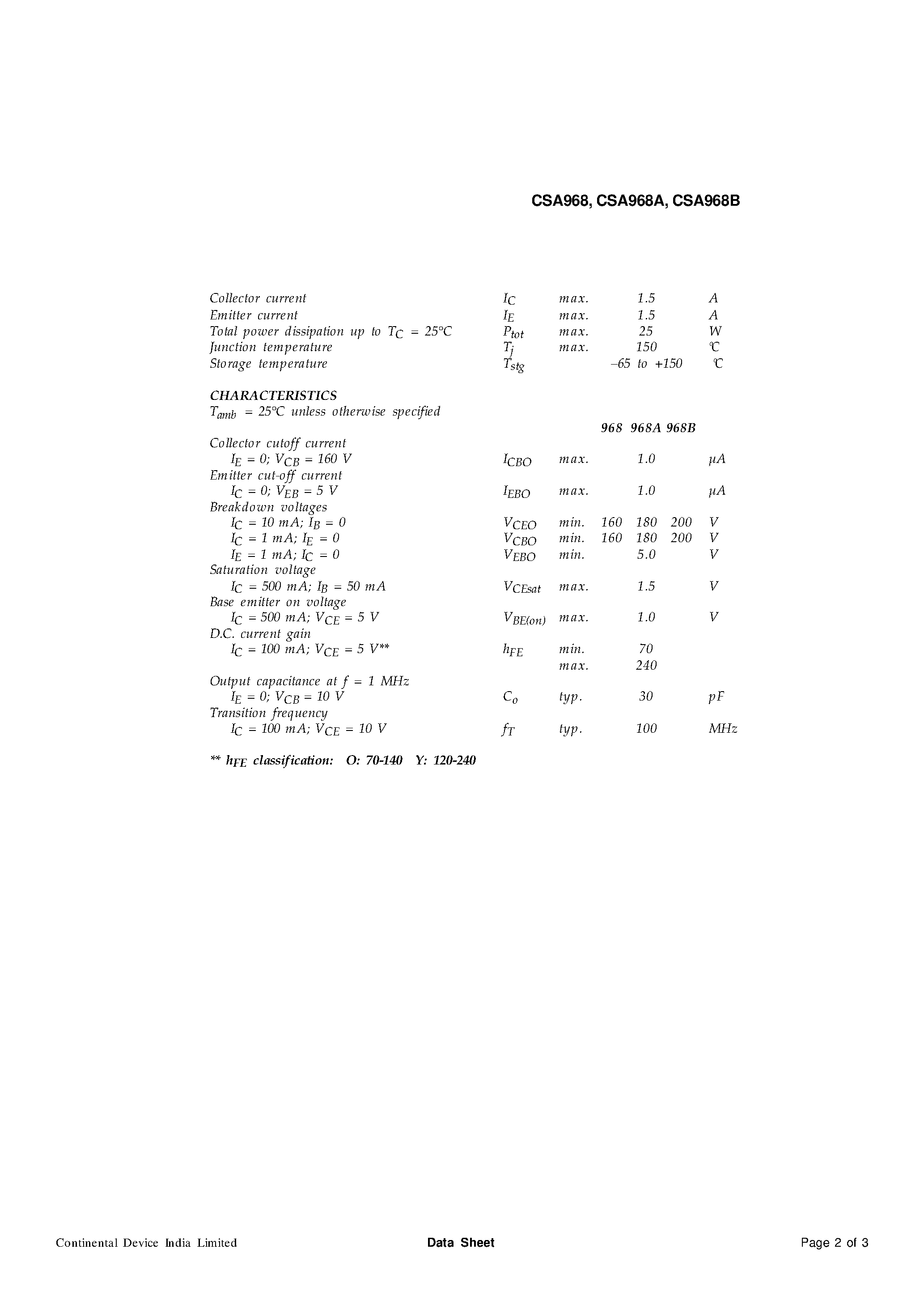 Даташит CSA968 - PNP PLASTIC POWER TRANSISTORS страница 2