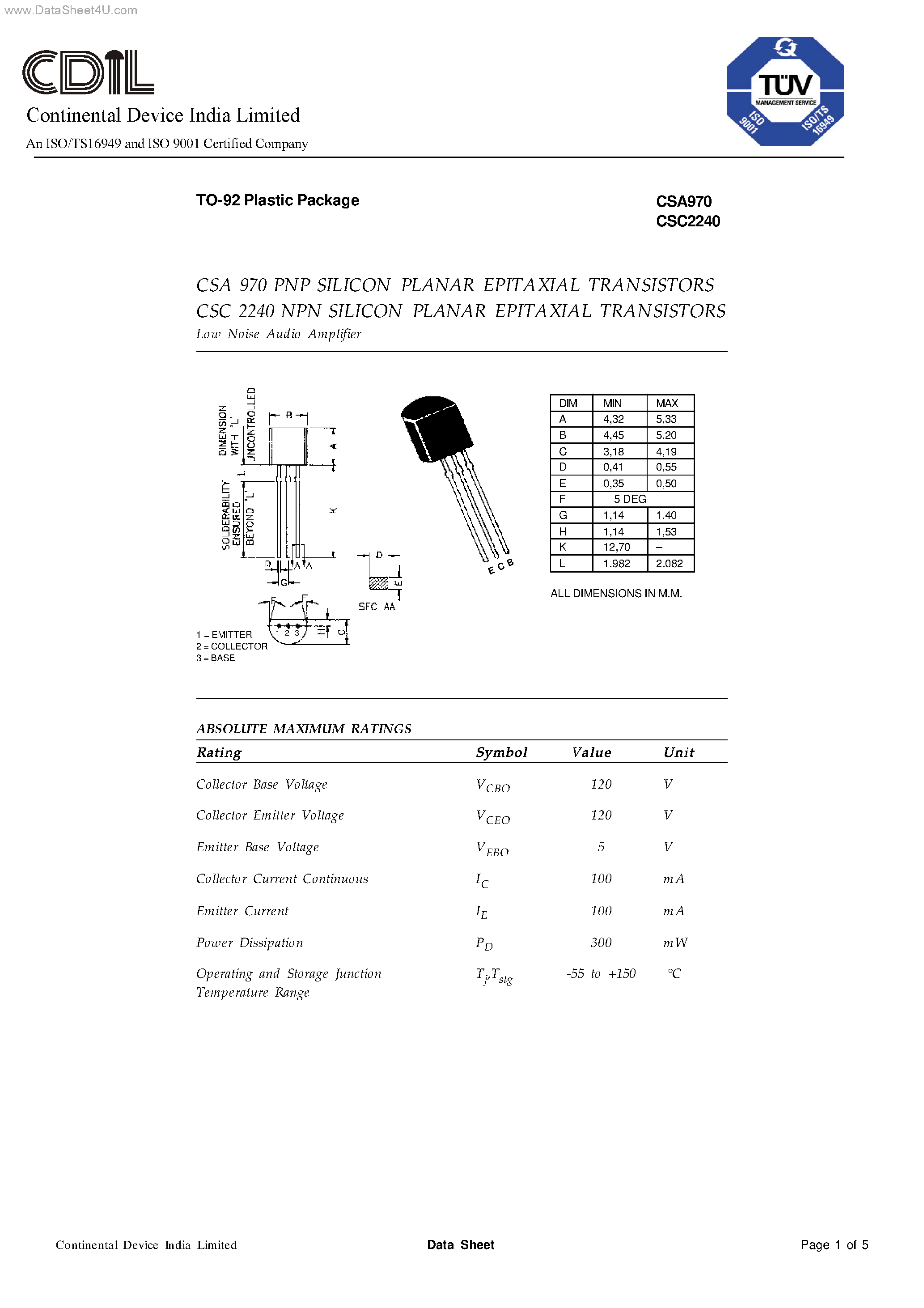 Даташит CSA970 - PNP SILICON PLANAR EPITAXIAL TRANSISTORS страница 1