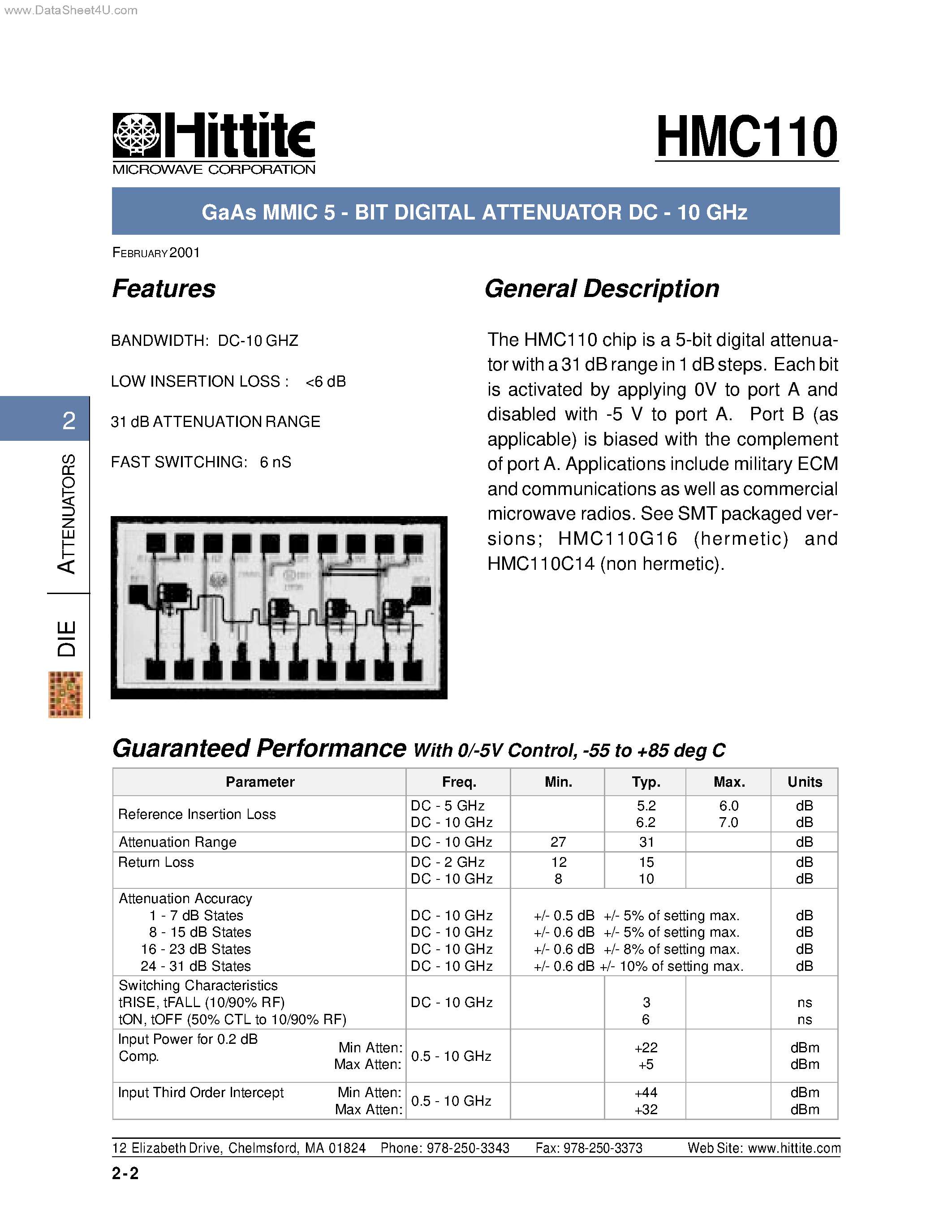 Datasheet HMC110 - GaAs MMIC 5 - BIT DIGITAL ATTENUATOR page 1