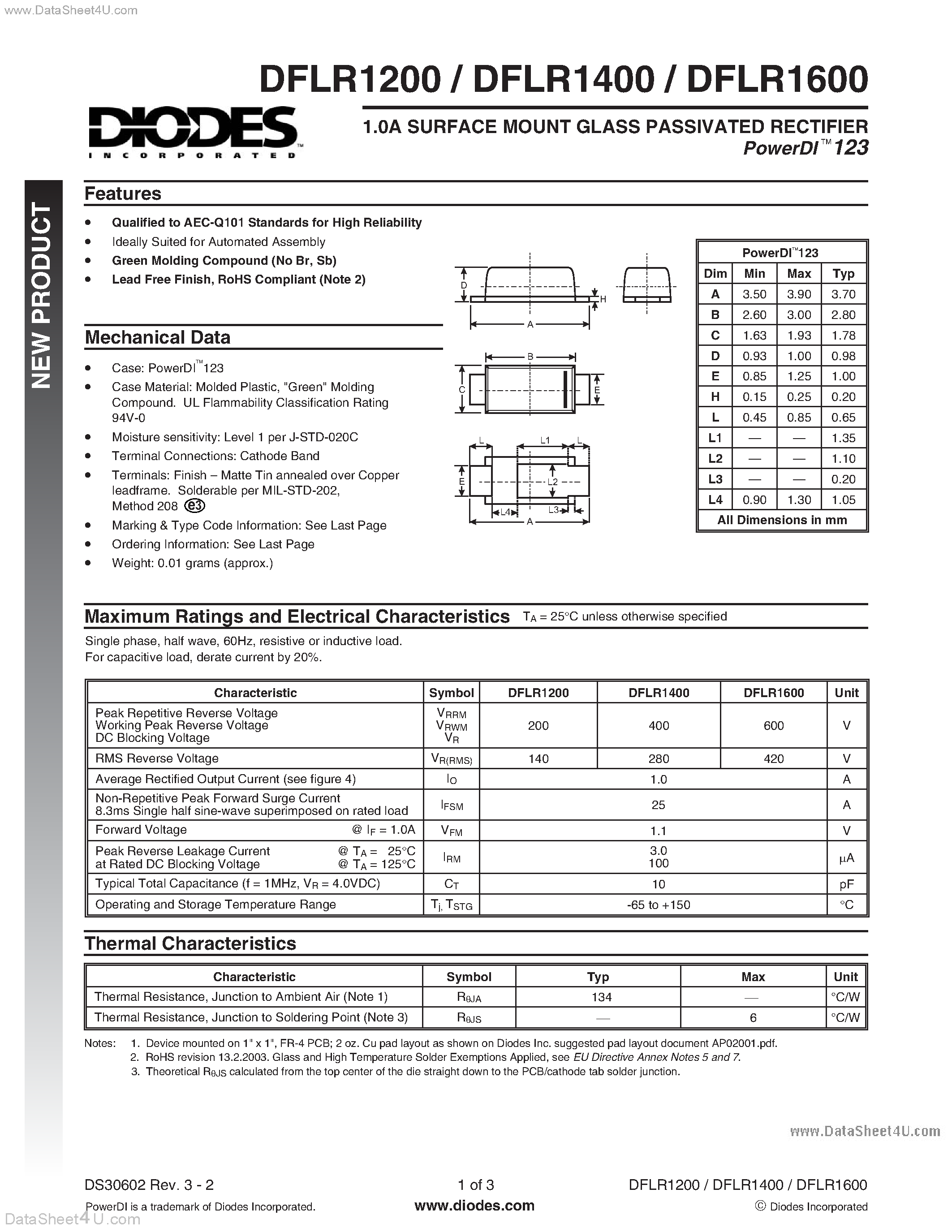 Datasheet DFLR1200 - (DFLR1200 - DFLR1600) Surface Mount Glass Passivated Rectifier page 1