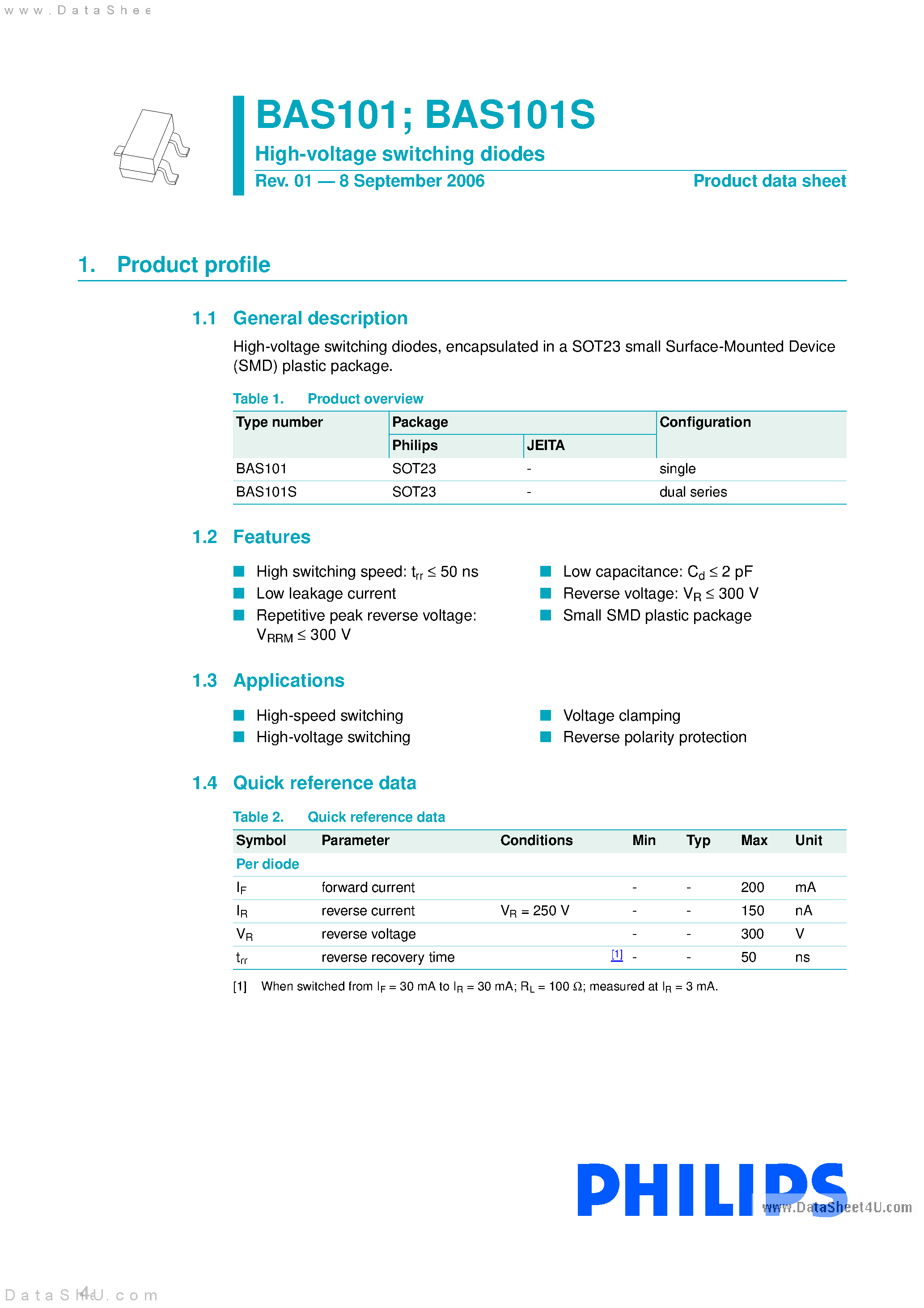 Даташит на микросхему BAS101 страница 1 Даташит BAS101 - High Voltage Switching Diodes страница 1
