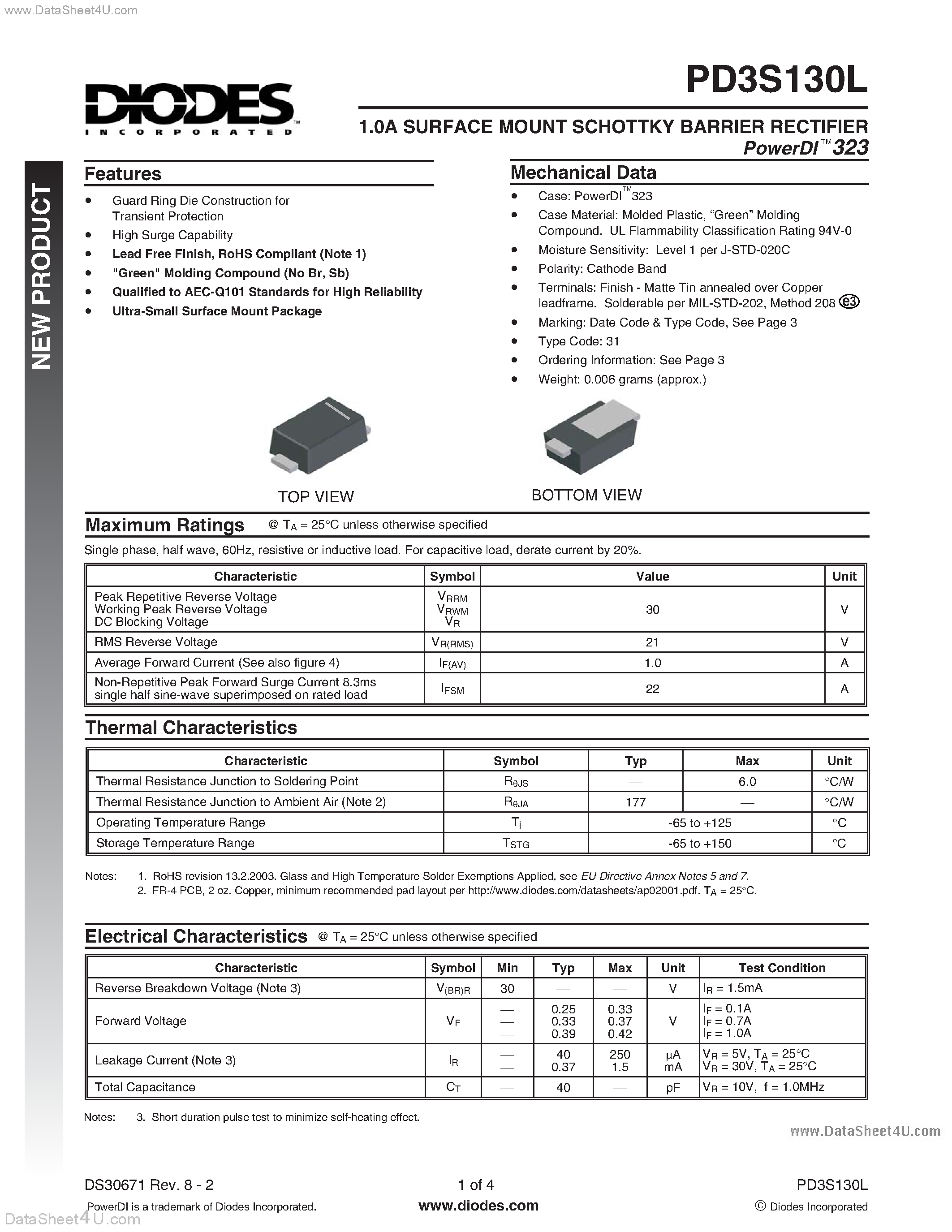 Даташит PD3S130L - Surface Mount Schottky Barrier Rectifier страница 1