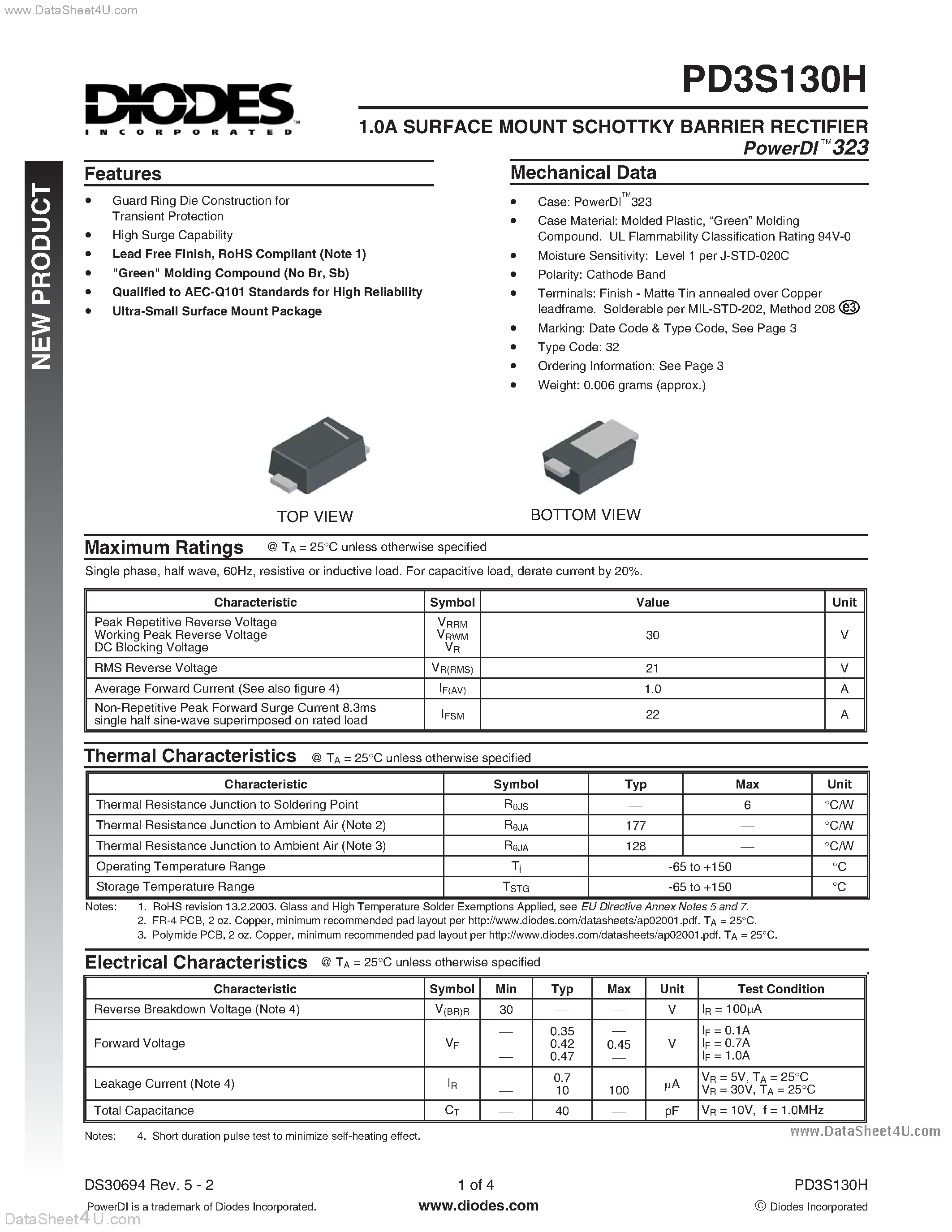 Даташит PD3S130H - Surface Mount Schottky Barrier Rectifier страница 1