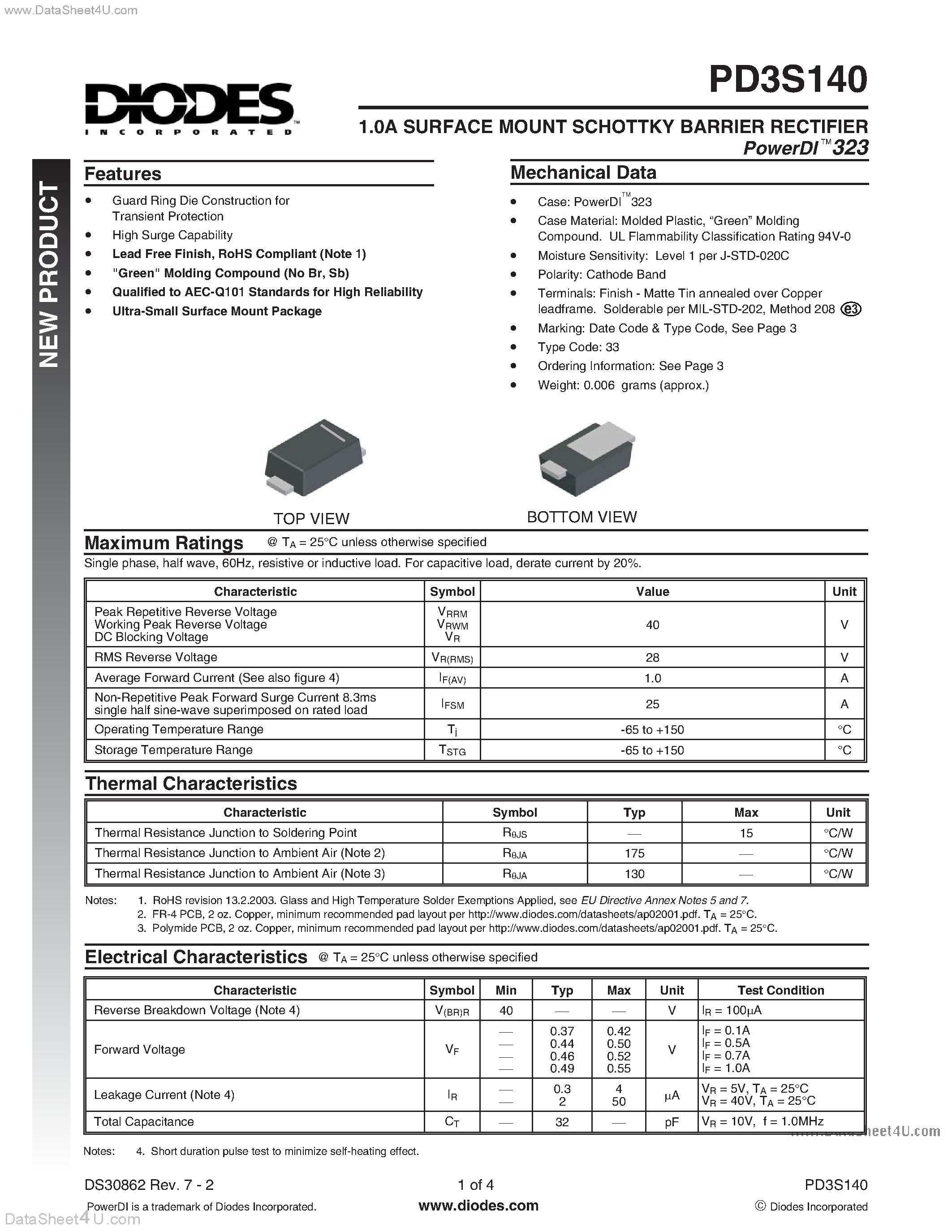 Даташит PD3S140 - Surface Mount Schottky Barrier Rectifier страница 1