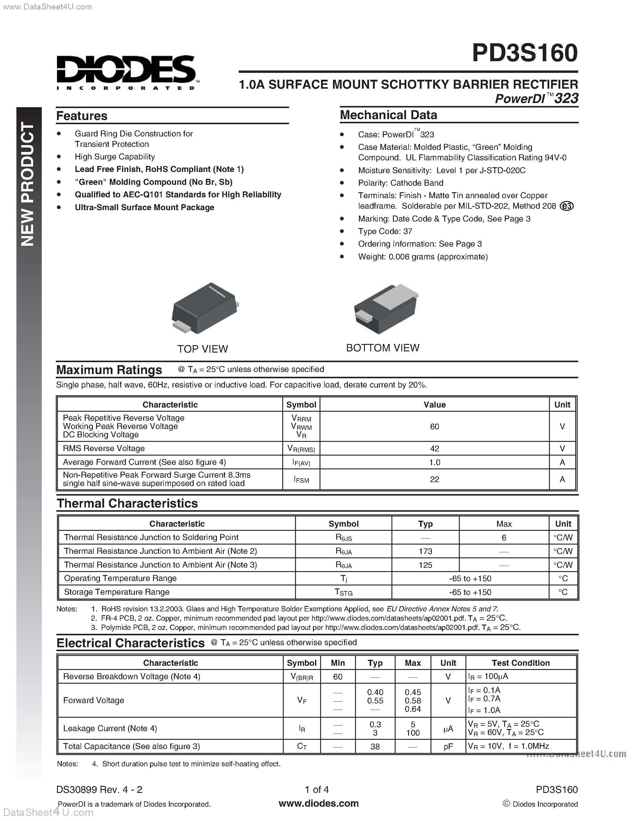 Даташит PD3S160 - Surface Mount Schottky Barrier Rectifier страница 1