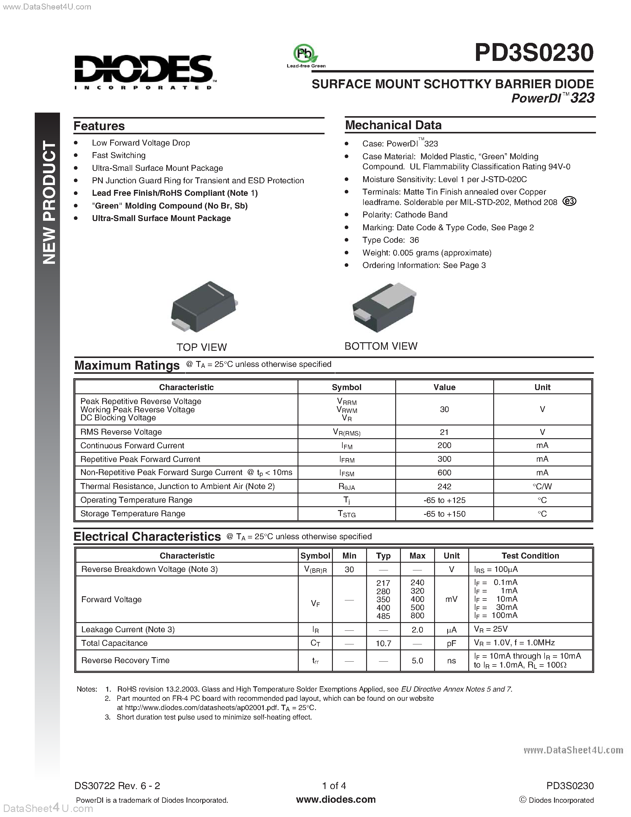 Даташит PD3S0230 - Surface Mount Schottky Barrier Rectifier страница 1