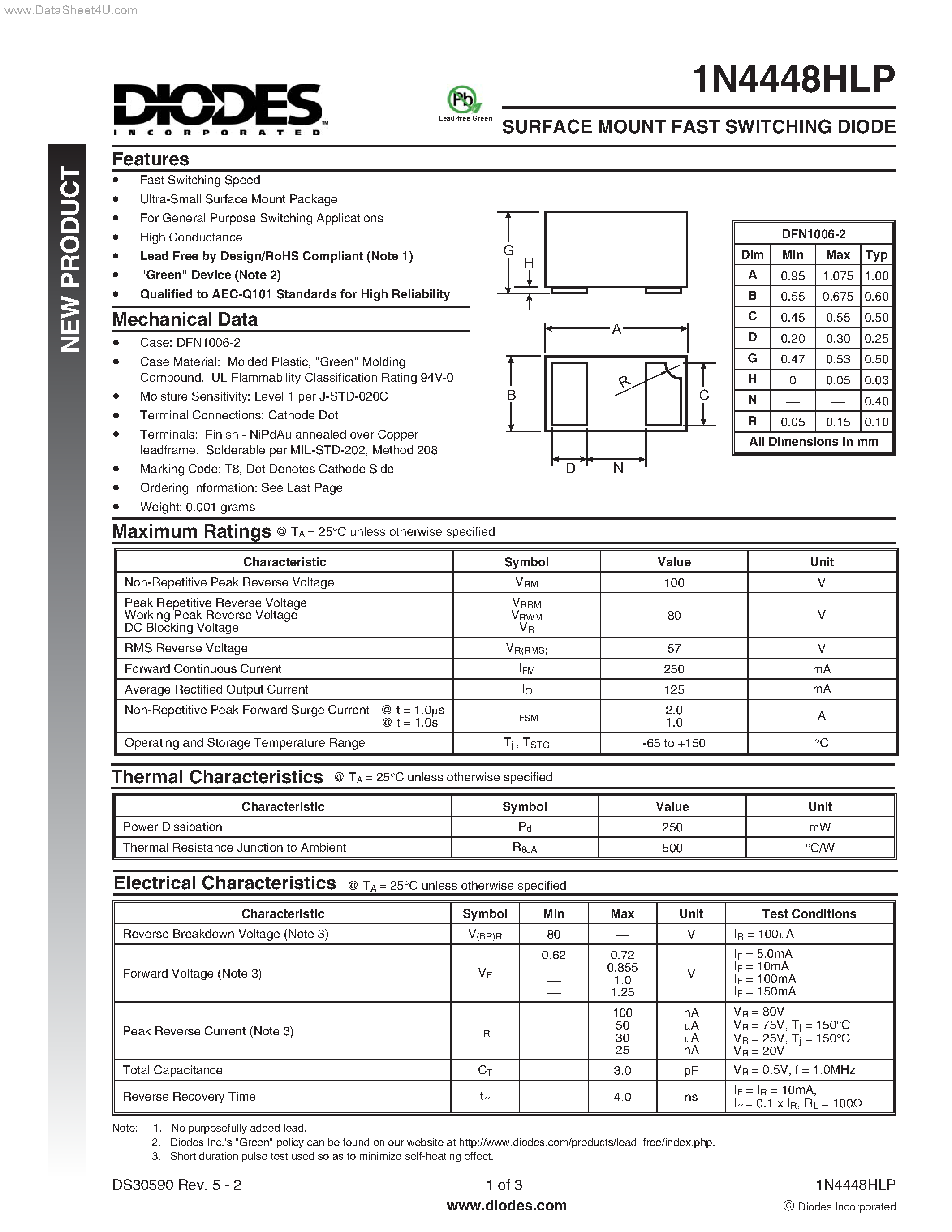 Datasheet 1N4448HLP - SURFACE MOUNT FAST SWITCHING DIODE page 1
