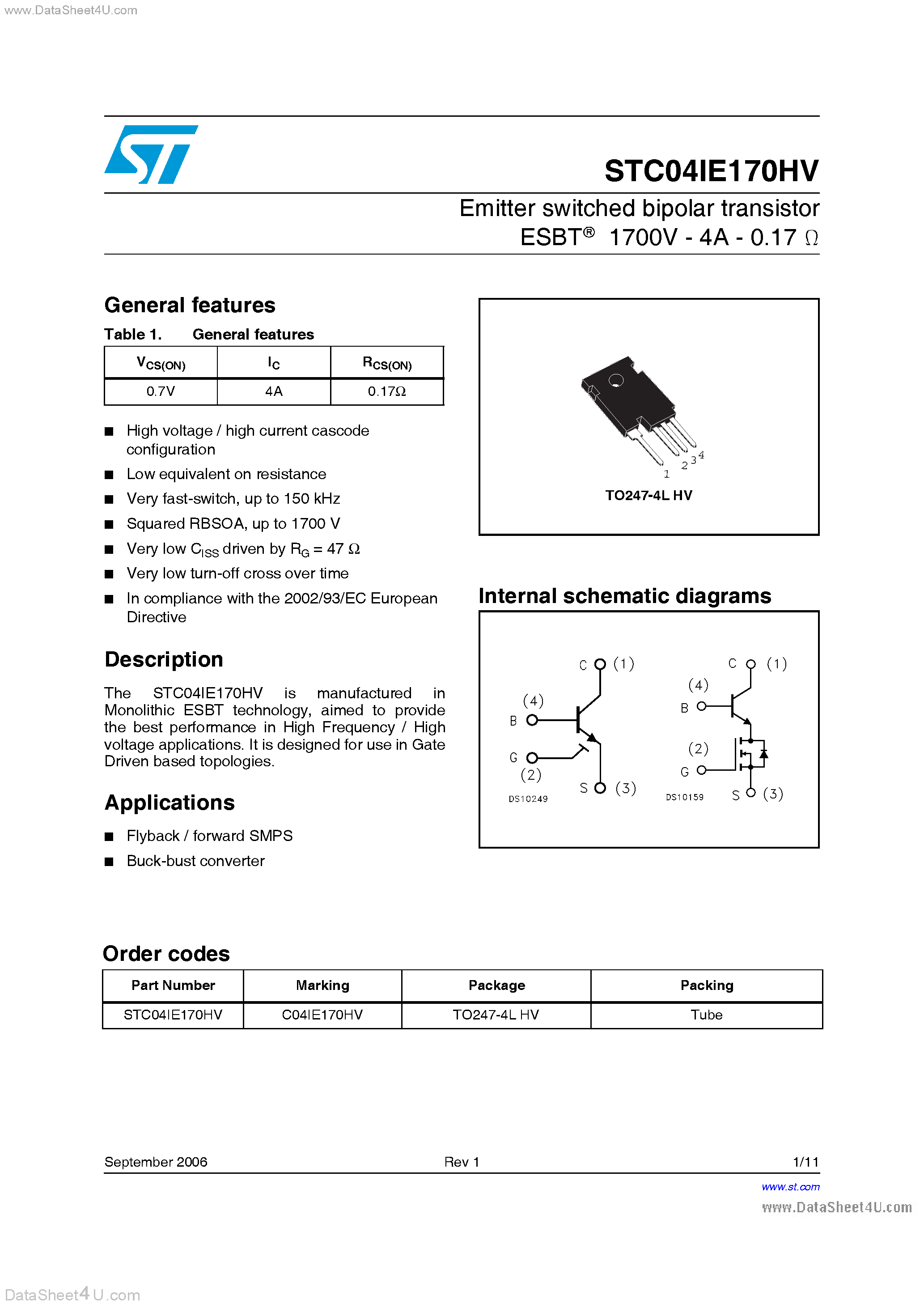 Datasheet STC04IE170HV page 1 Datasheet STC04IE170HV - Emitter Switched Bipolar Transistor page 1