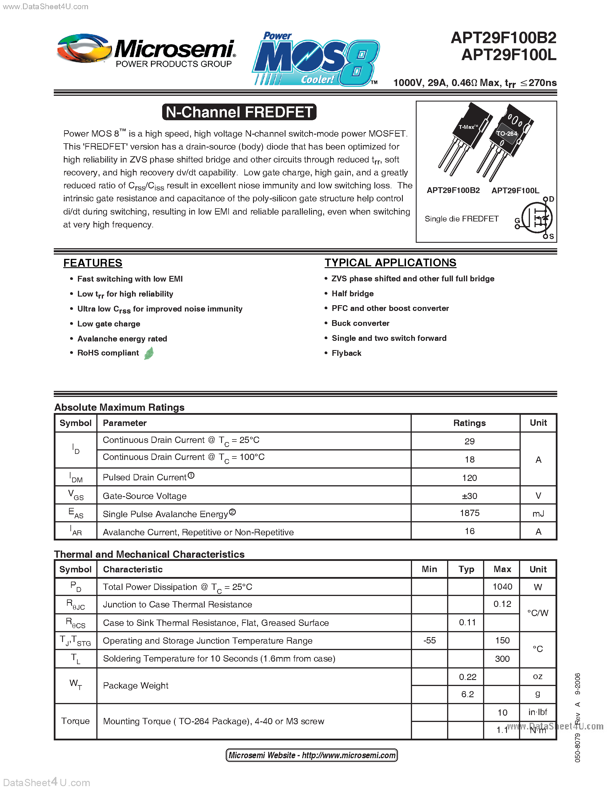 Datasheet APT29F100B2 - N-Channel FREDFET page 1