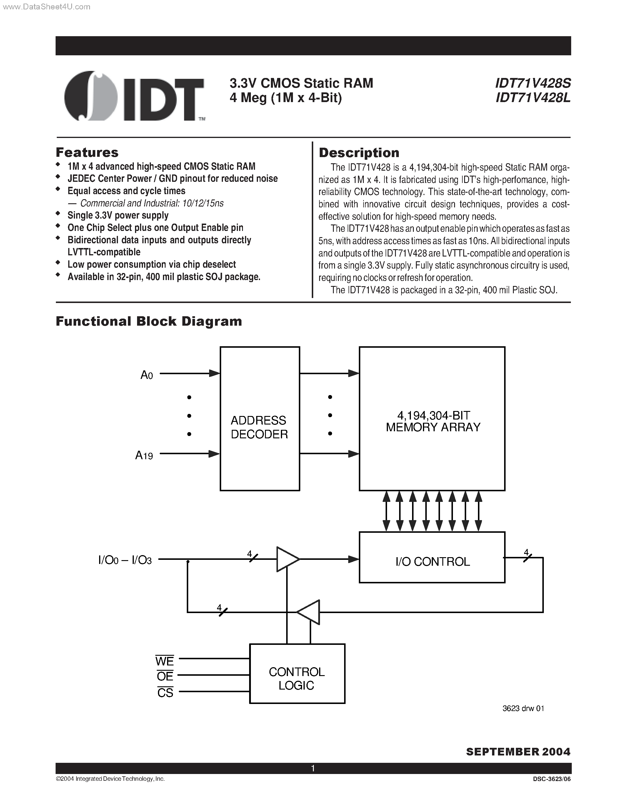 Даташит на микросхему IDT71V428L страница 1 Даташит IDT71V428L - CMOS Static RAM страница 1