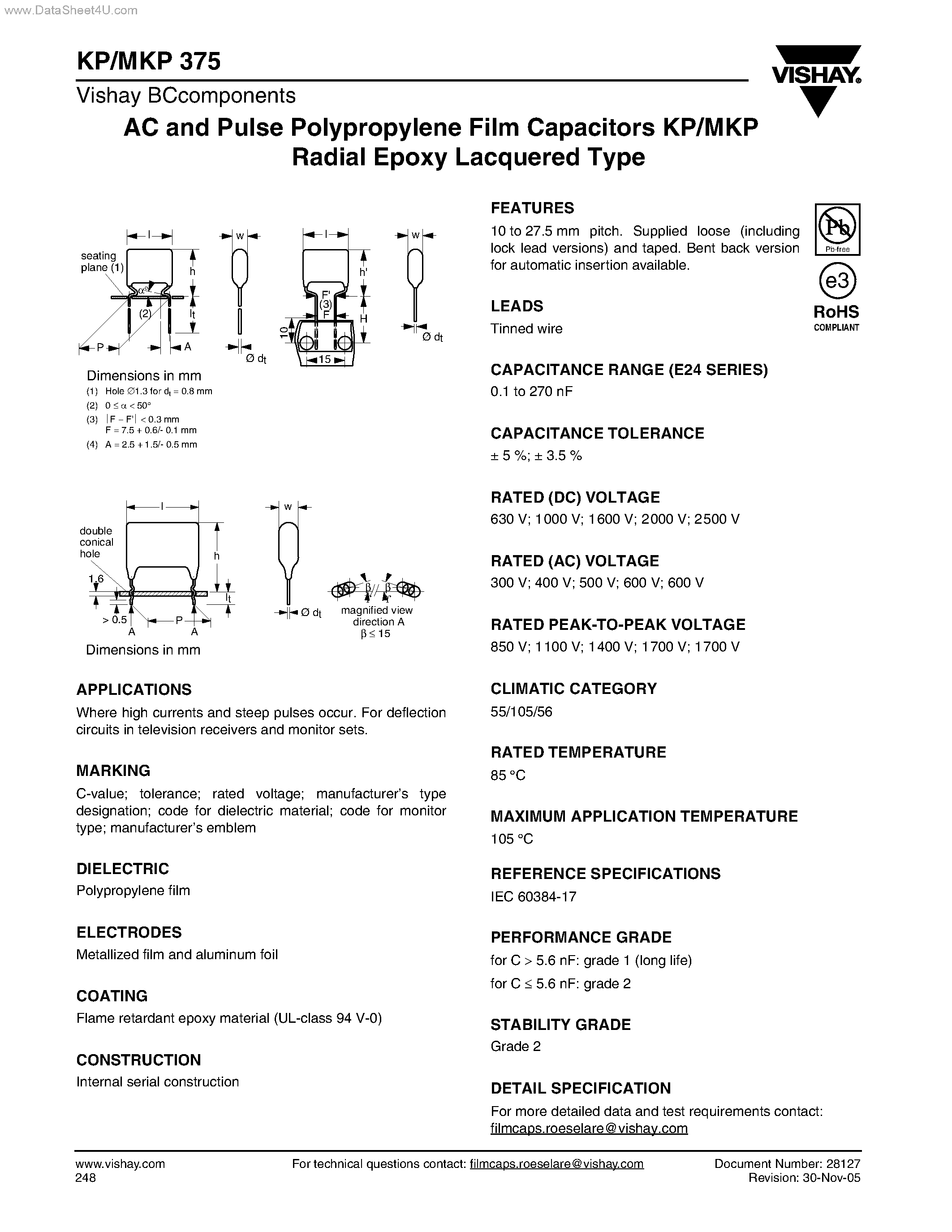 Datasheet KP375 - AC and Pulse Polypropylene Film Capacitors page 1
