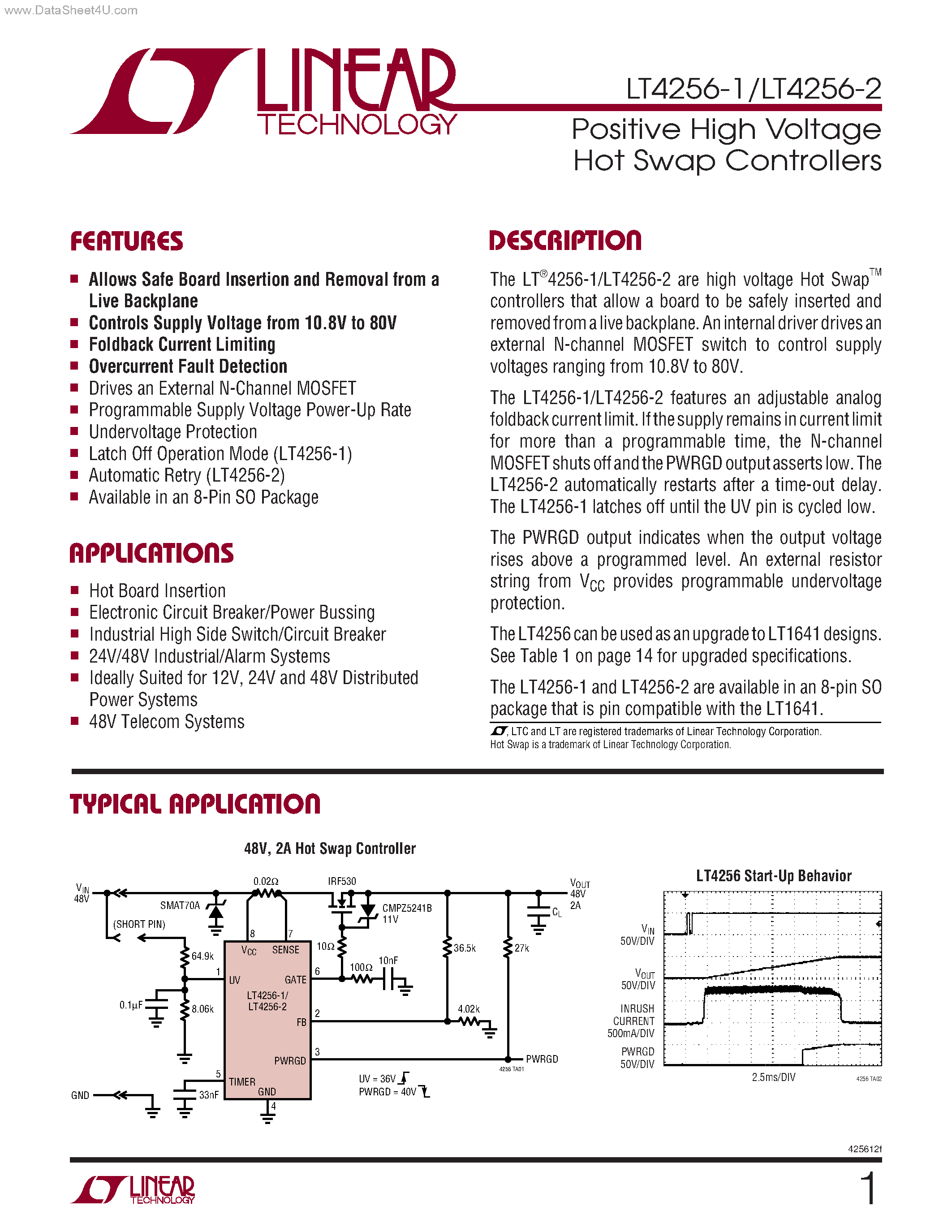 Datasheet LT4256-1 - (LT4256-1/-2) Positive High Voltage Hot Swap Controllers page 1