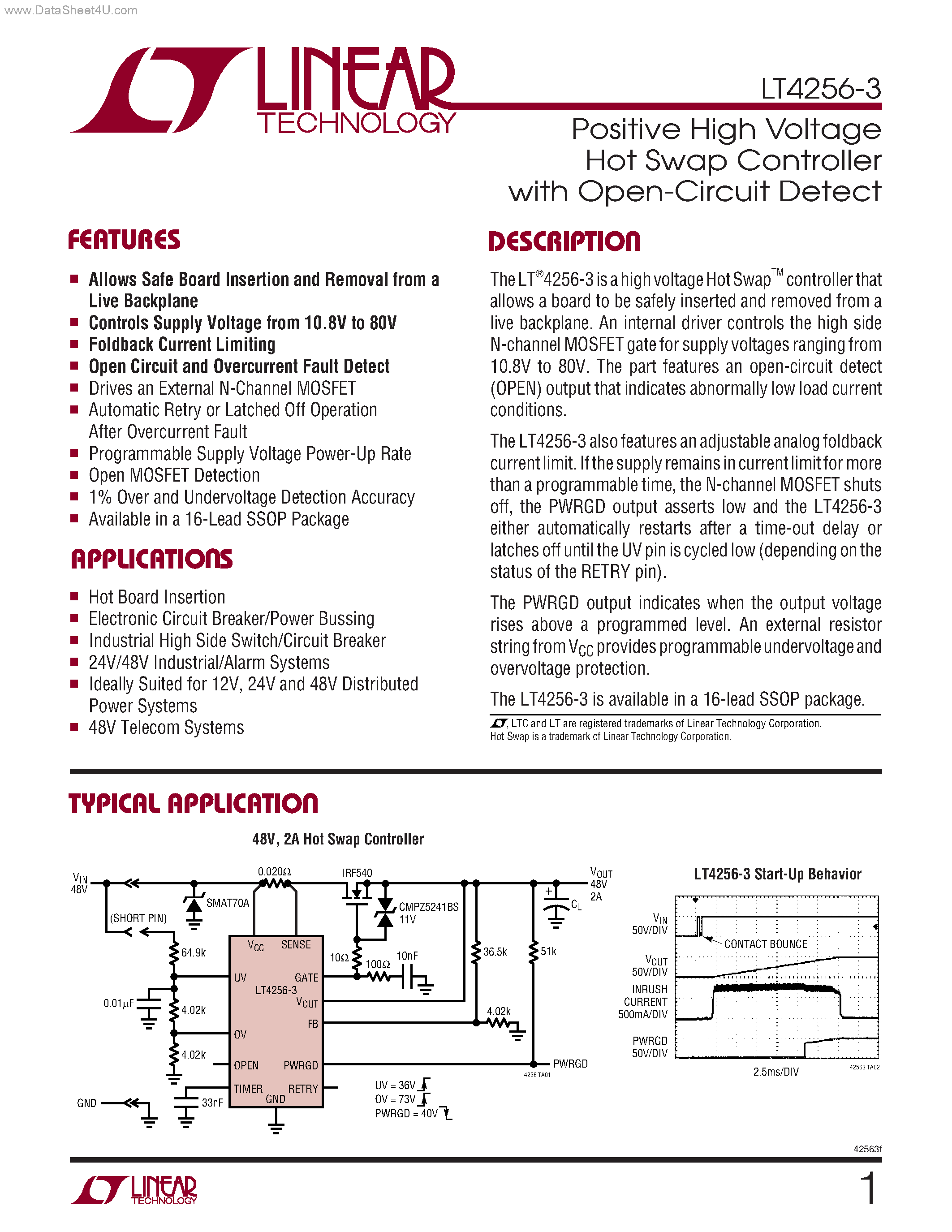 Datasheet LT4256-3 - Positive High Voltage Hot Swap Controller page 1