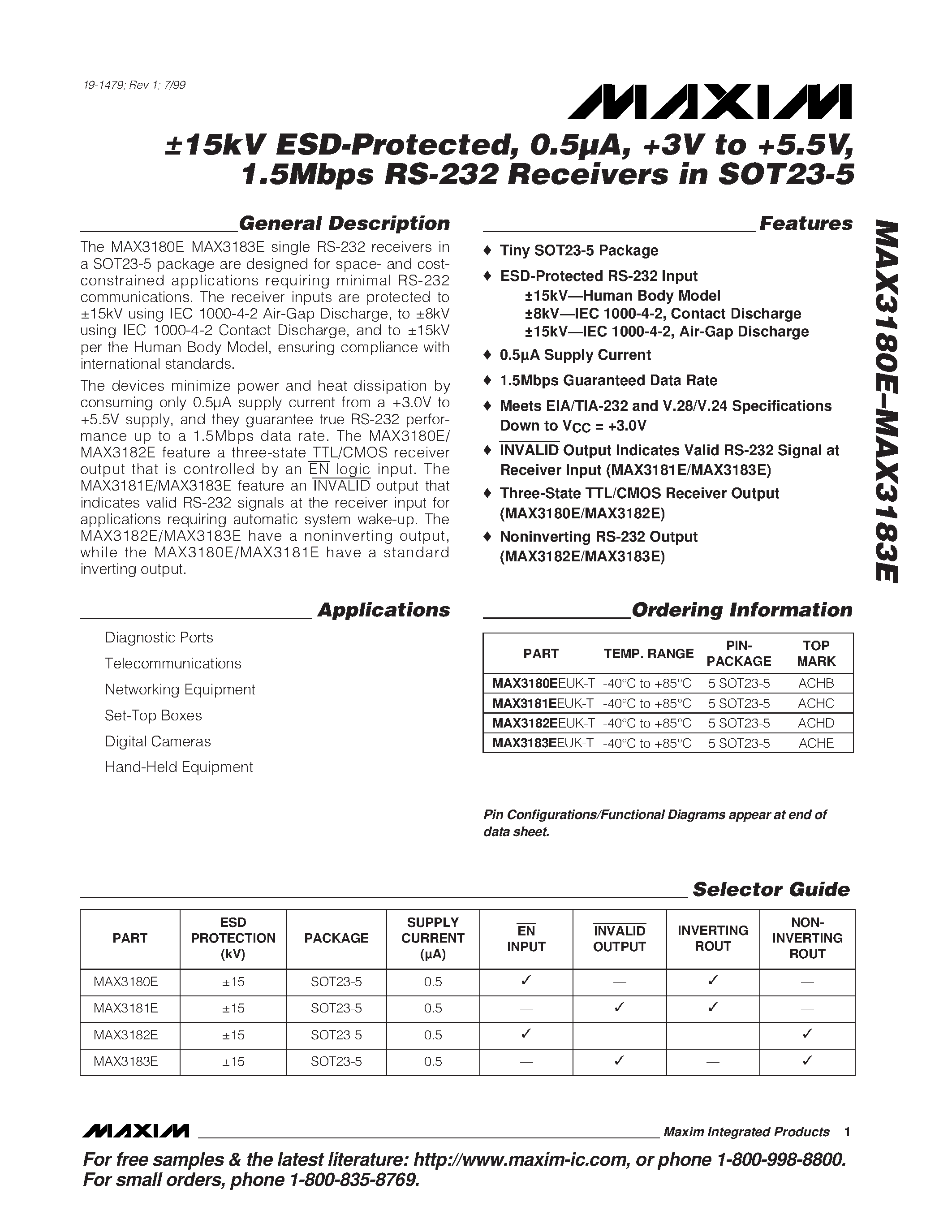 Datasheet MAX3180E - (MAX3180E - MAX3183E) 15kV ESD-Protected / 0.5A / +3V to +5.5V / 1.5Mbps RS-232 Receivers page 1