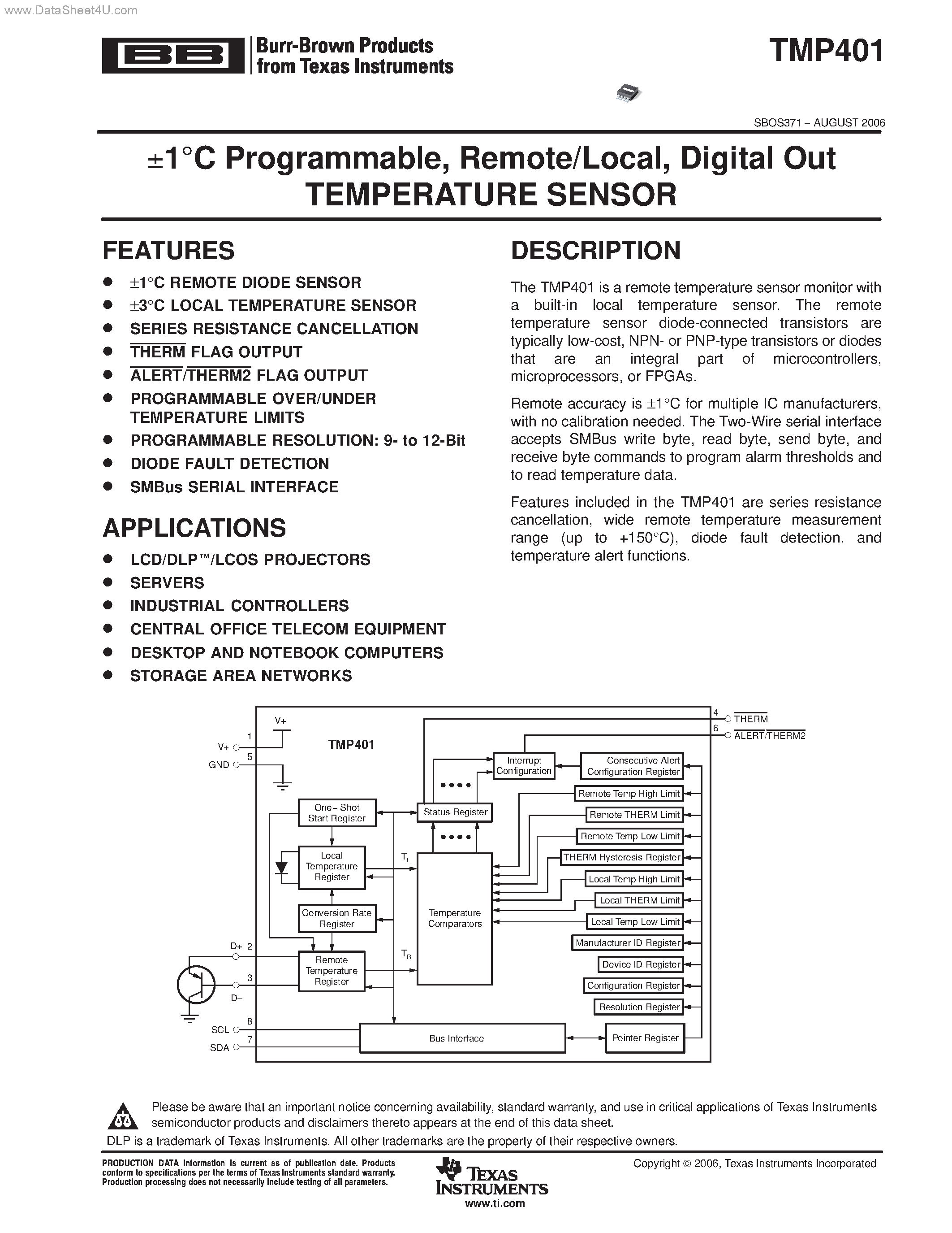 Даташит TMP401 - Digital Out TEMPERATURE SENSOR страница 1