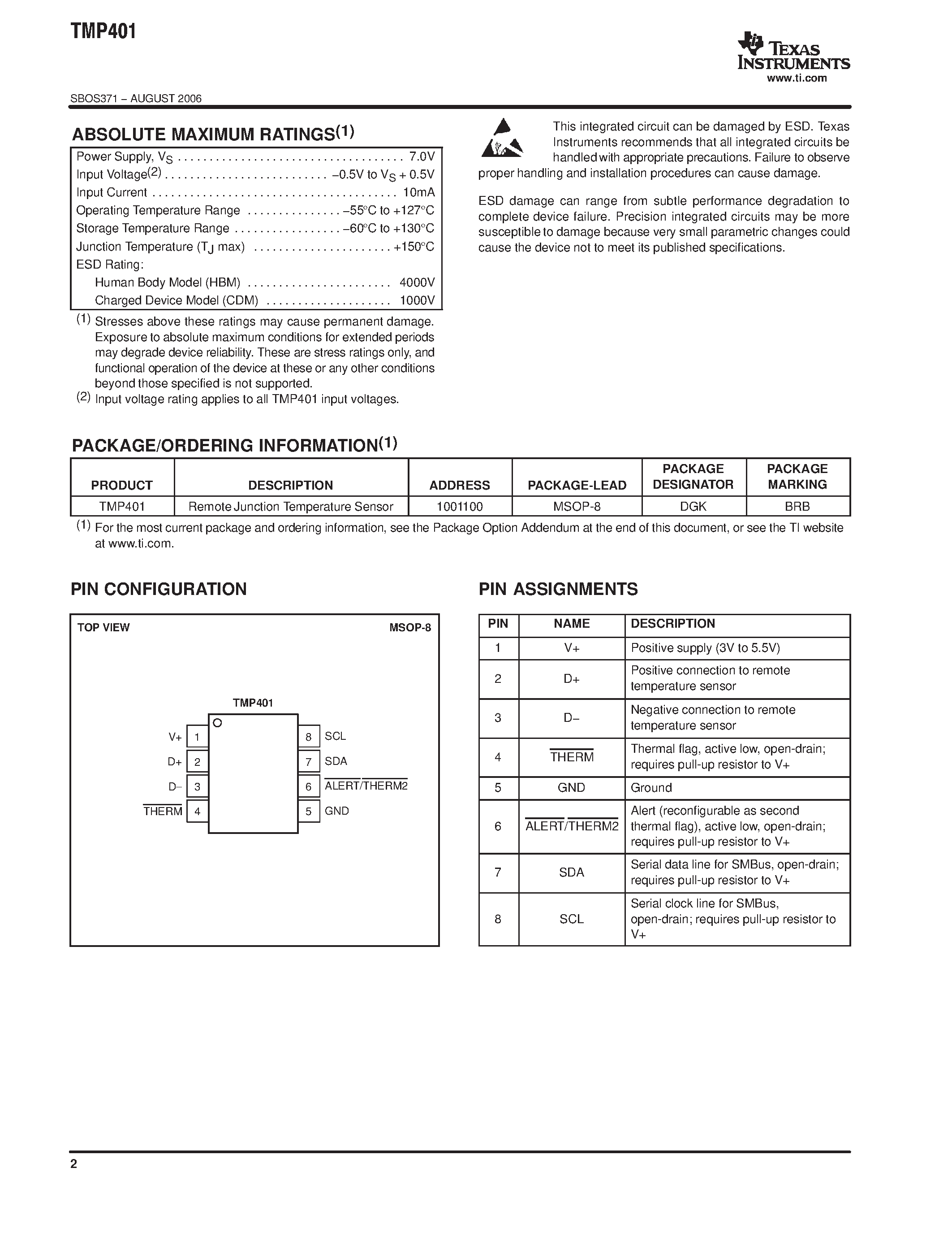 Даташит TMP401 - Digital Out TEMPERATURE SENSOR страница 2