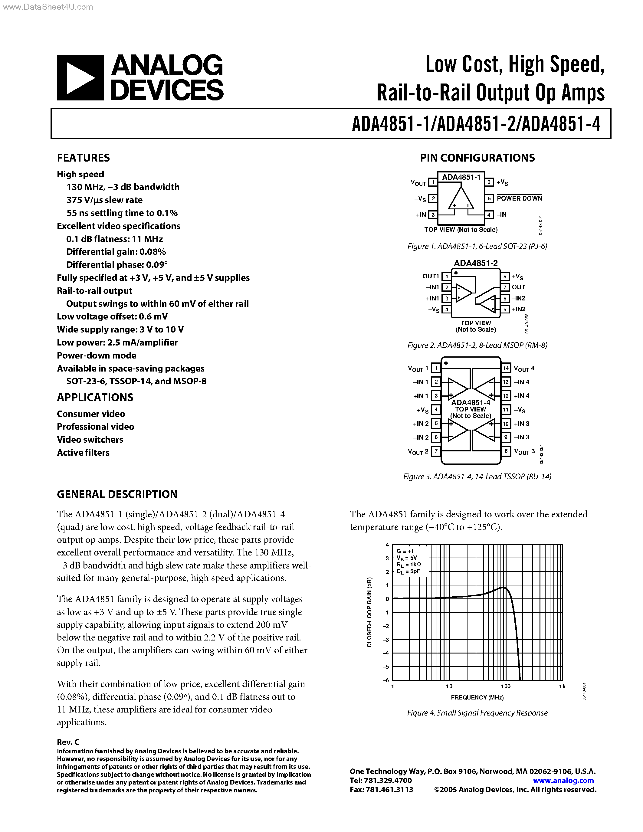 Datasheet ADA4851-1 - (ADA4851-x) Rail-to-Rail Output Op Amps page 1