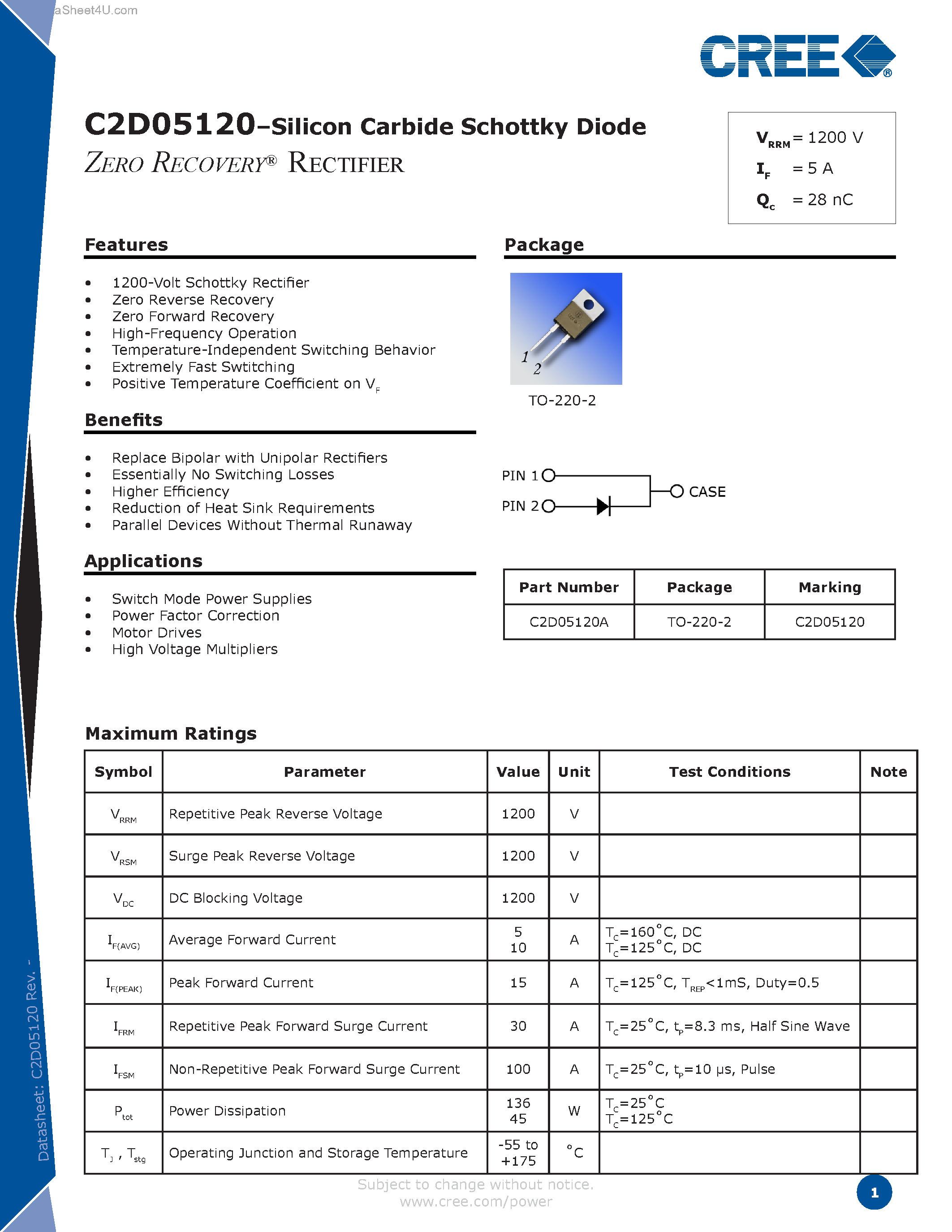 Datasheet C2D05120 - Silicon Carbide Schottky Diode page 1
