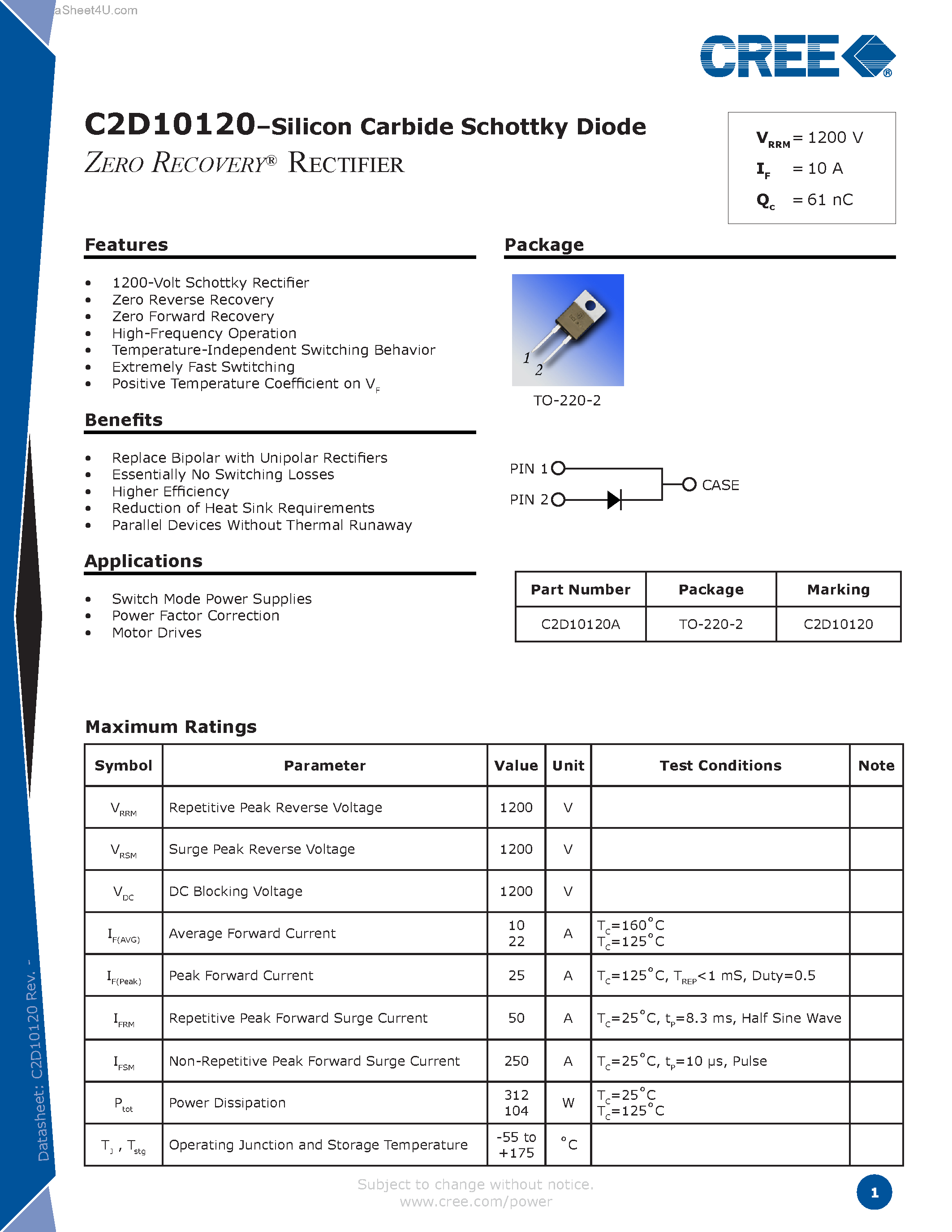 Datasheet C2D10120 - Silicon Carbide Schottky Diode page 1