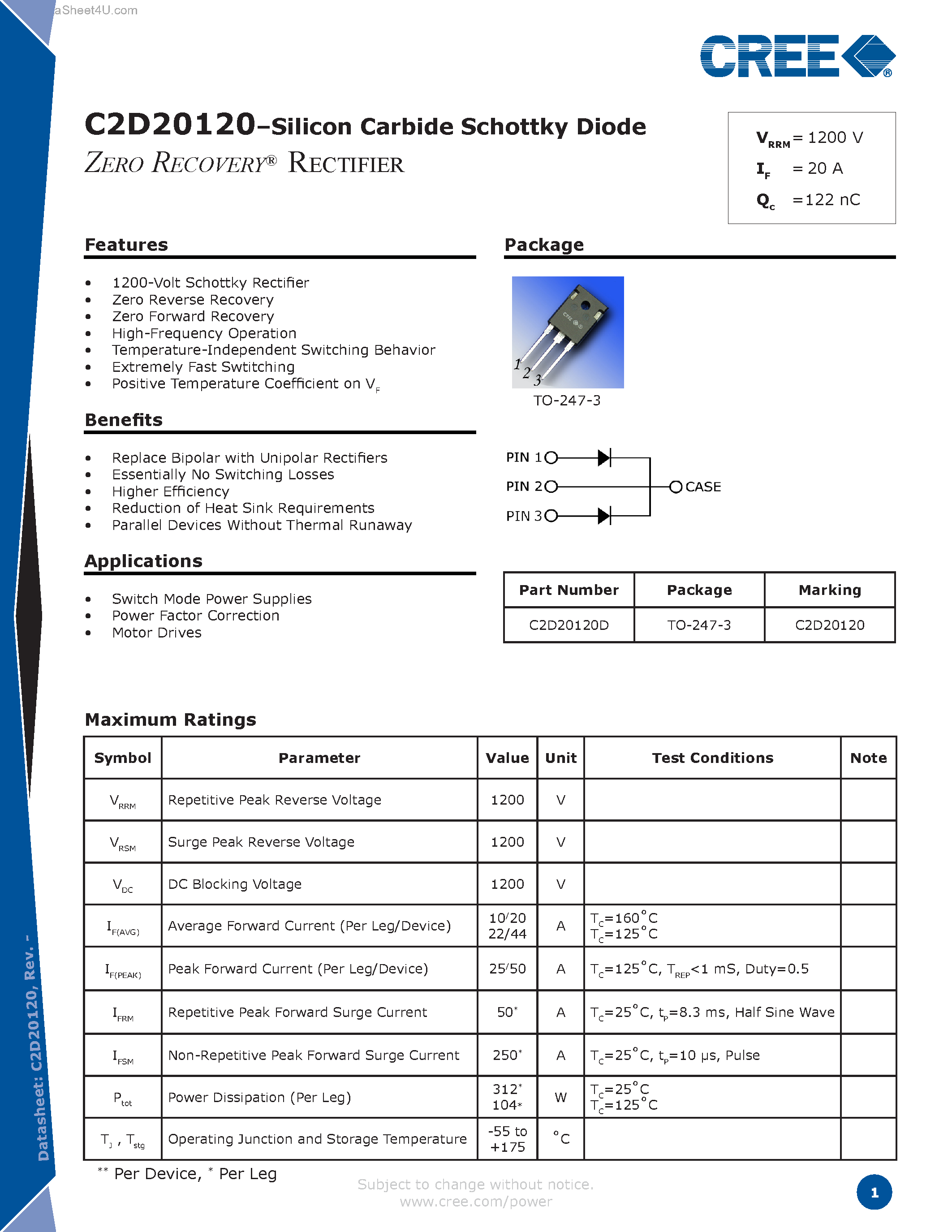Datasheet C2D20120 page 1 Datasheet C2D20120 - Silicon Carbide Schottky Diode page 1