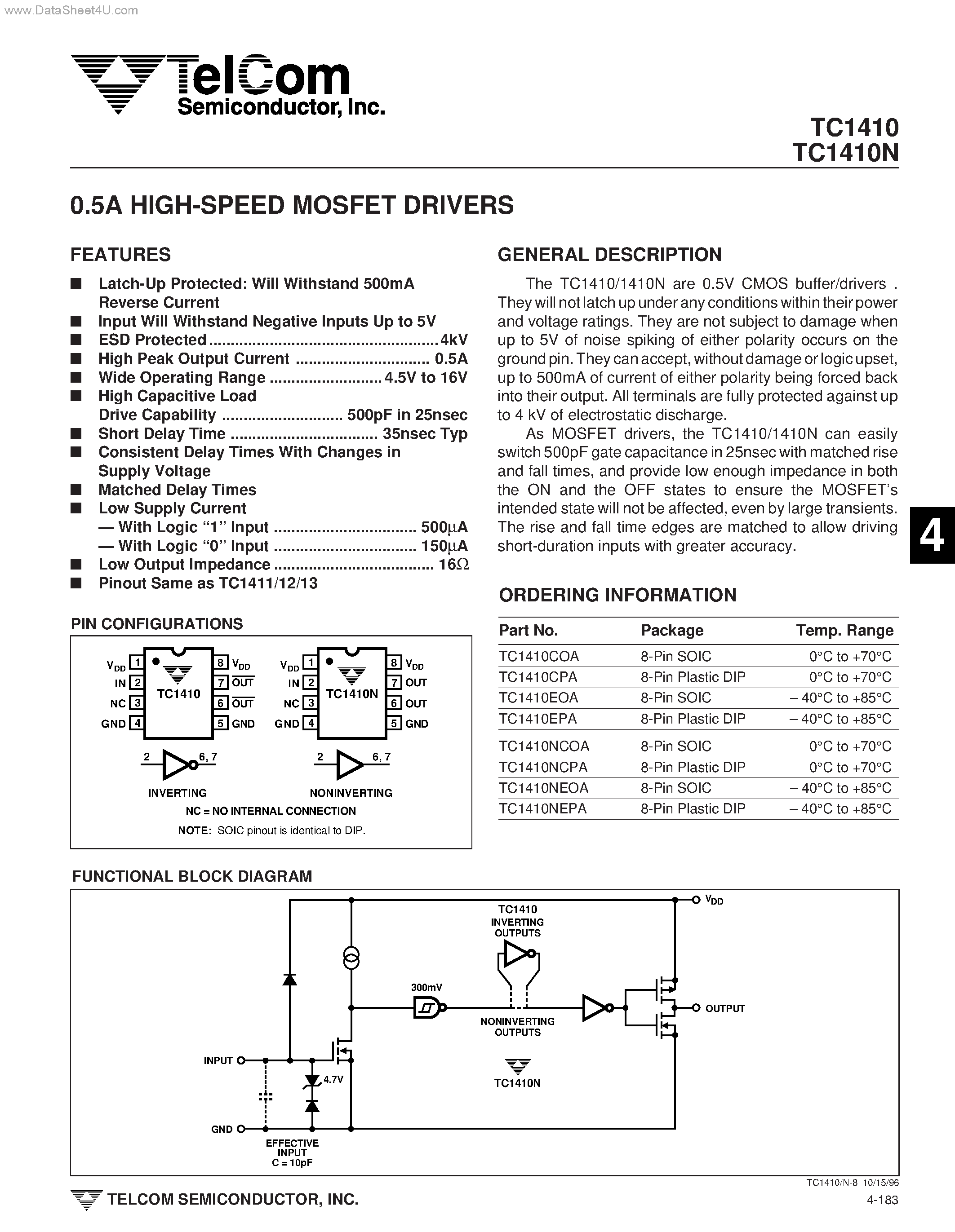 Datasheet TC1410 page 1 Datasheet TC1410 - HIGH-SPEED MOSFET DRIVERS page 1