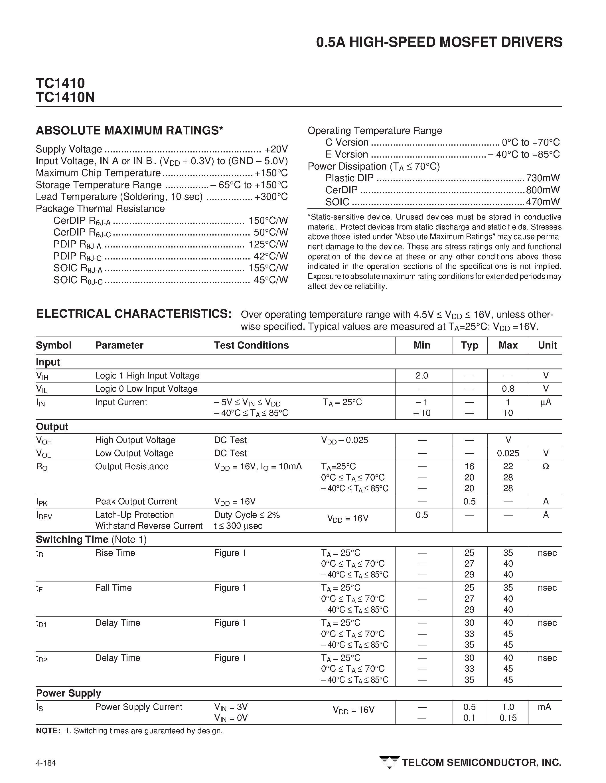 Datasheet TC1410 page 2 Datasheet TC1410 - HIGH-SPEED MOSFET DRIVERS page 2