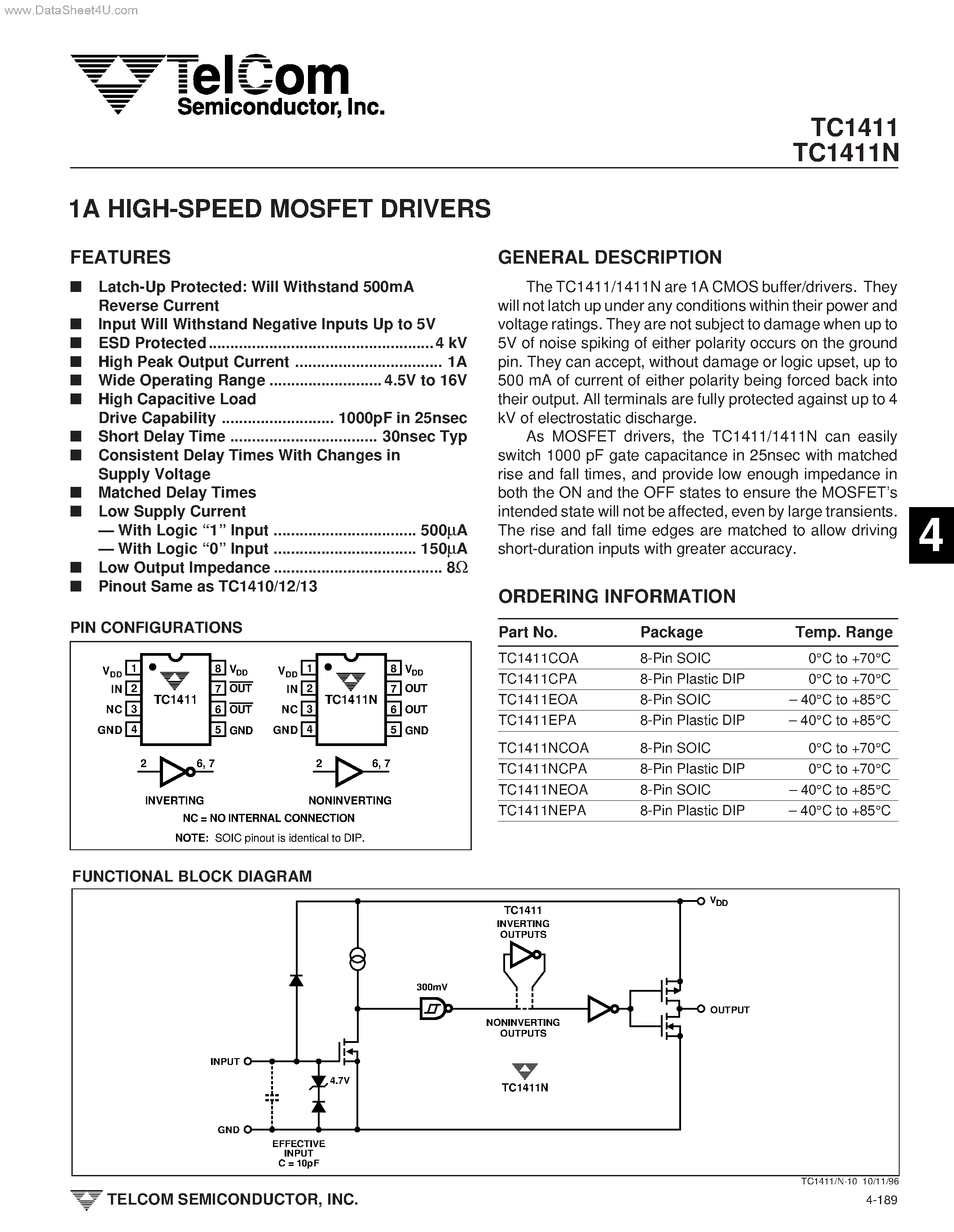 Datasheet TC1411 page 1 Datasheet TC1411 - HIGH-SPEED MOSFET DRIVERS page 1