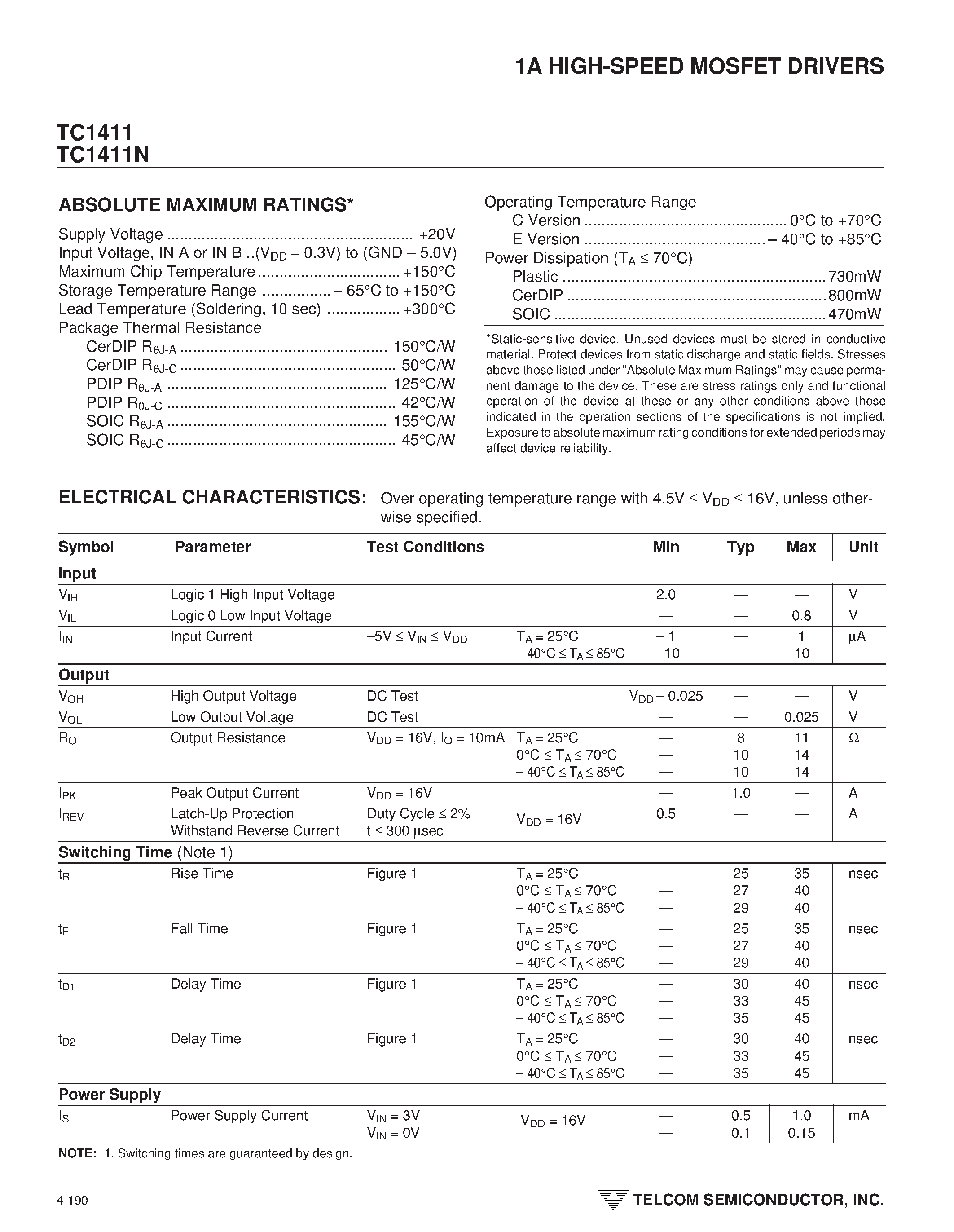 Datasheet TC1411 page 2 Datasheet TC1411 - HIGH-SPEED MOSFET DRIVERS page 2