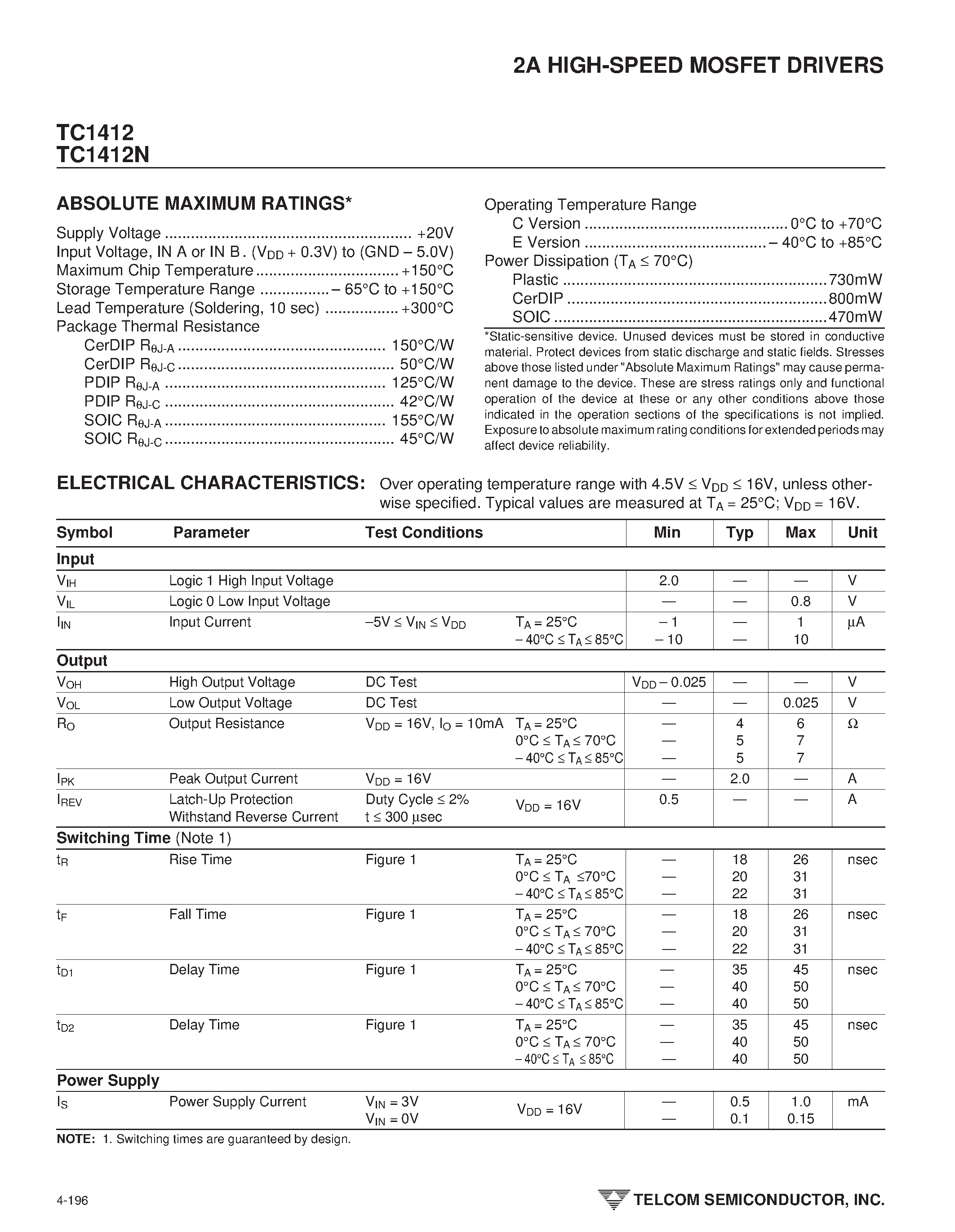 Datasheet TC1412 page 2 Datasheet TC1412 - HIGH-SPEED MOSFET DRIVERS page 2