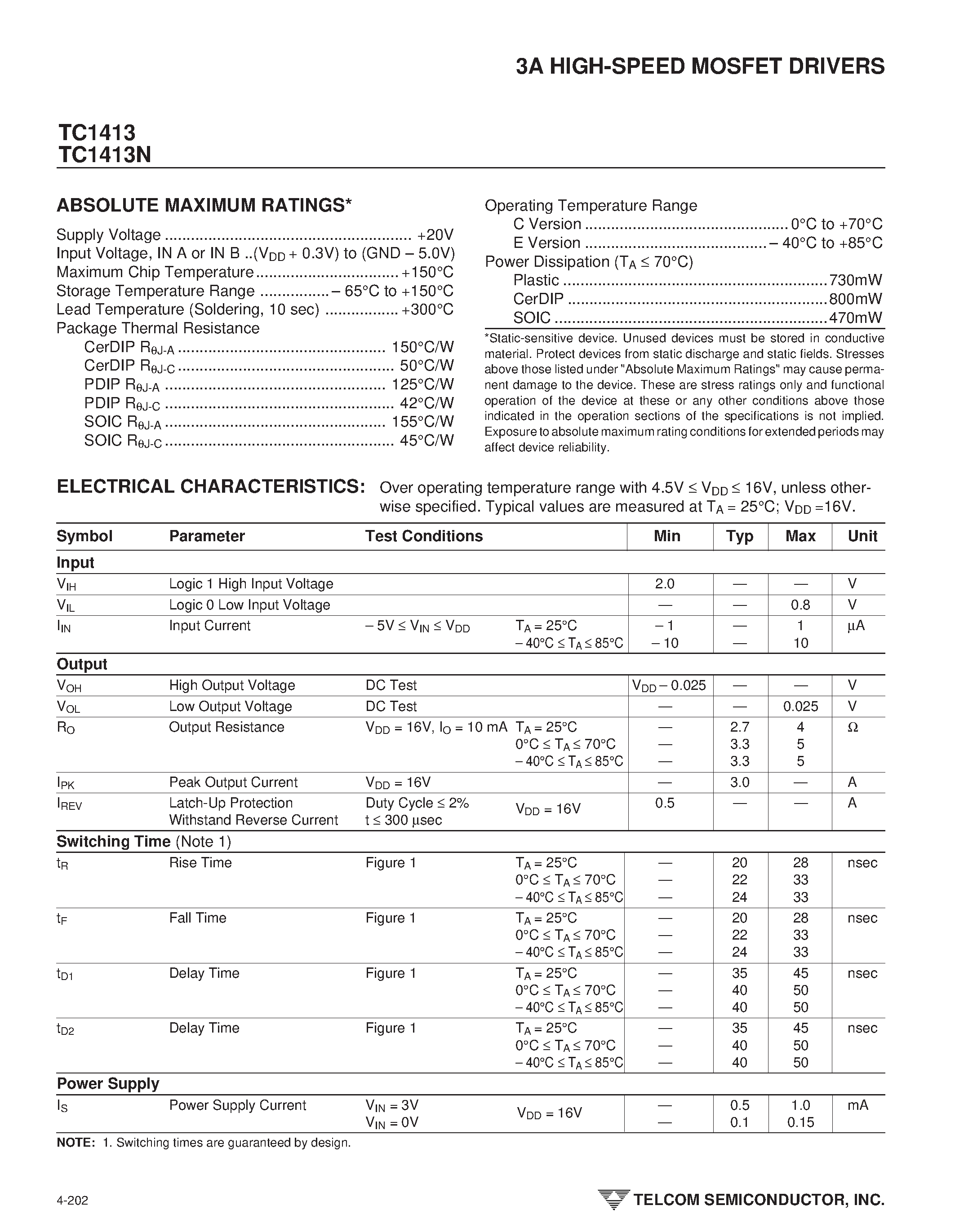 Datasheet TC1413 page 2 Datasheet TC1413 - HIGH-SPEED MOSFET DRIVERS page 2