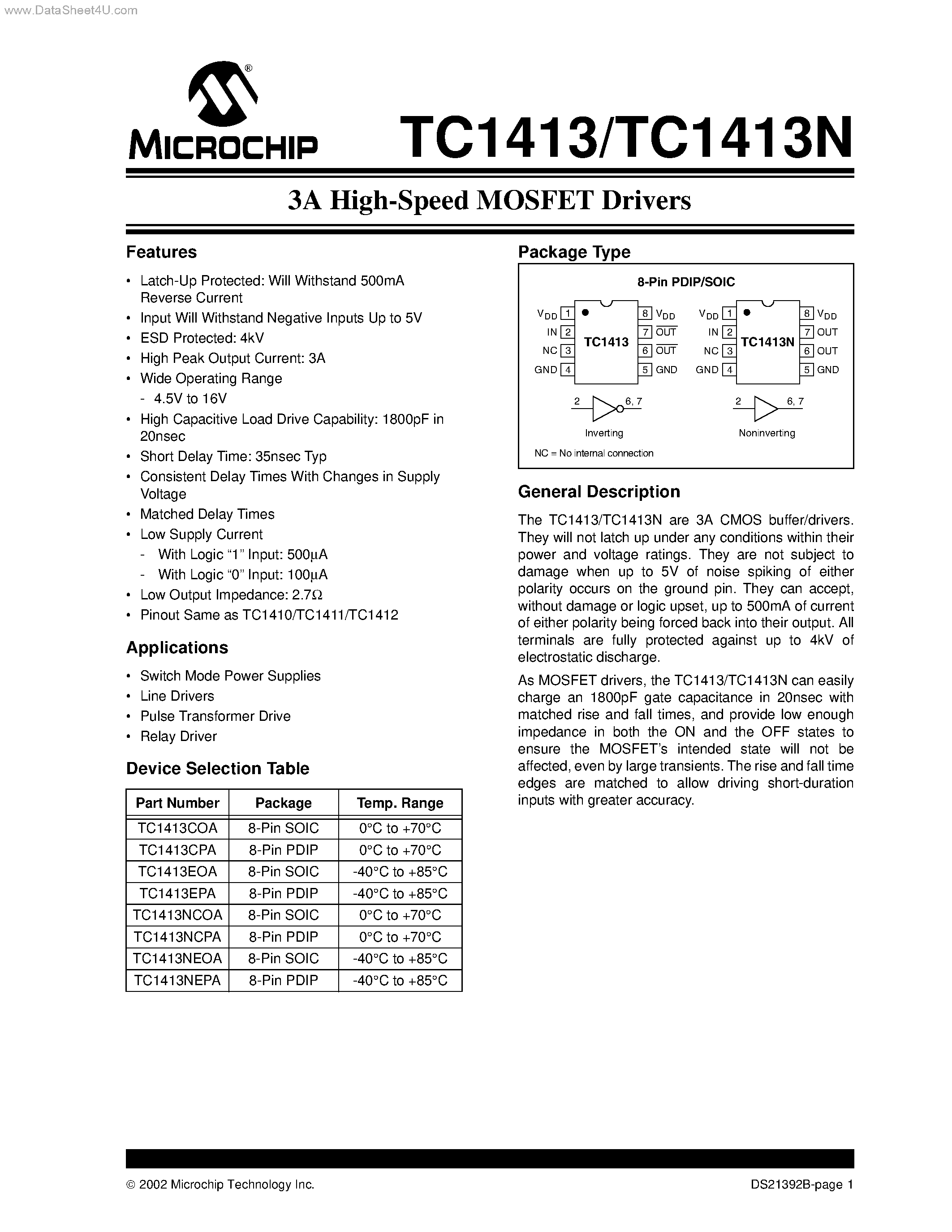 Datasheet TC1413 page 1 Datasheet TC1413 - High-Speed MOSFET Drivers page 1