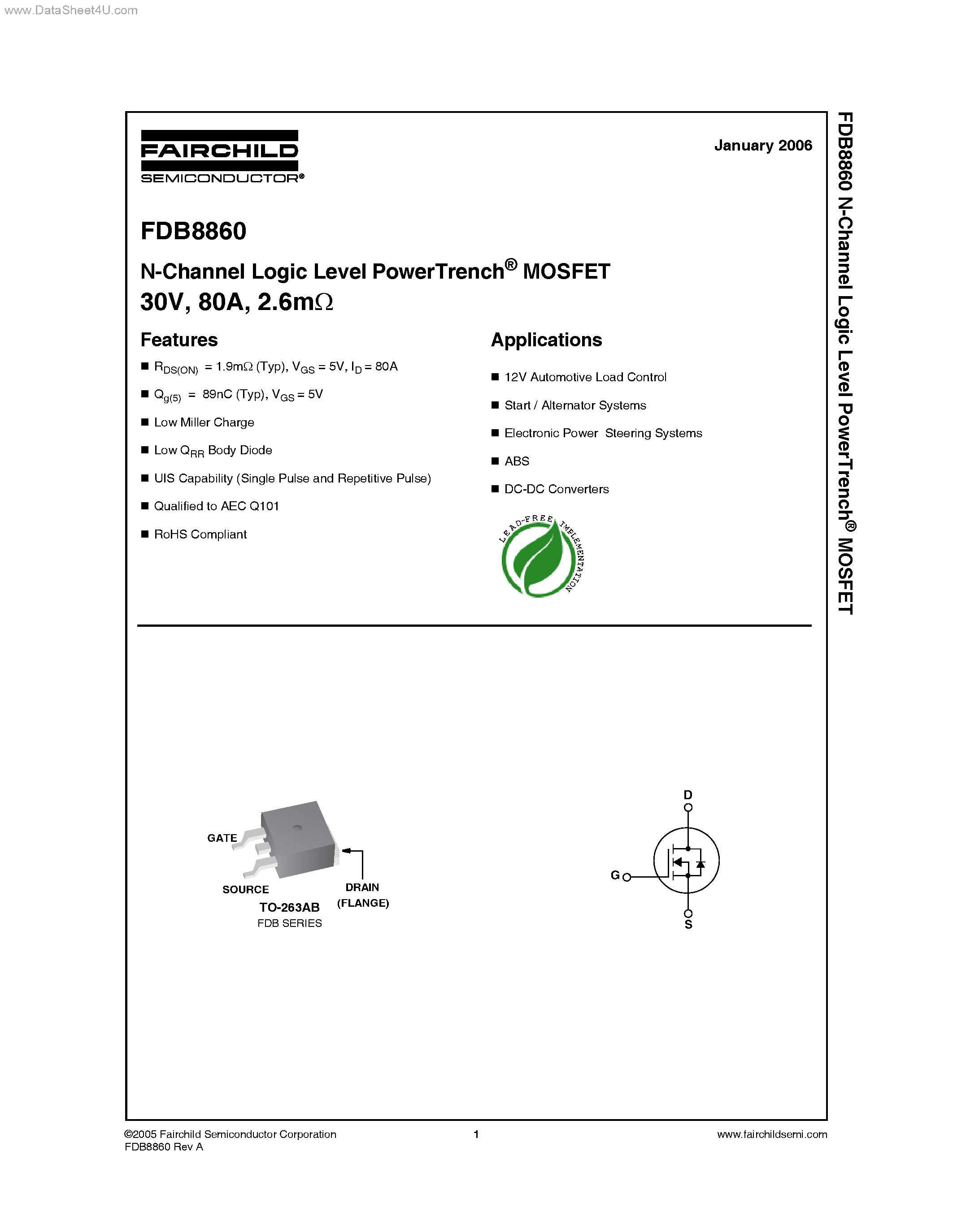 Datasheet FDB8860 - N-Channel Logic Level PowerTrench page 1