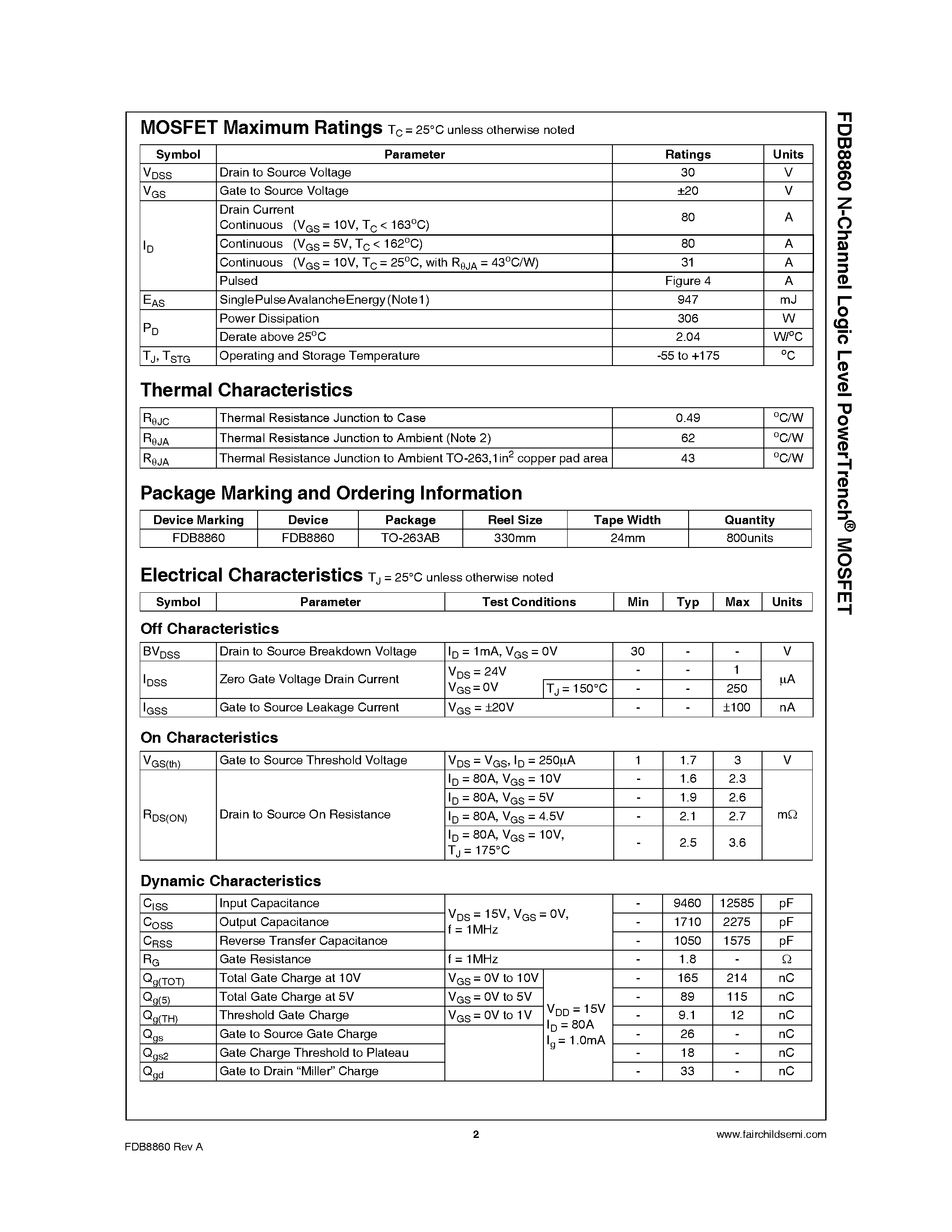 Datasheet FDB8860 - N-Channel Logic Level PowerTrench page 2