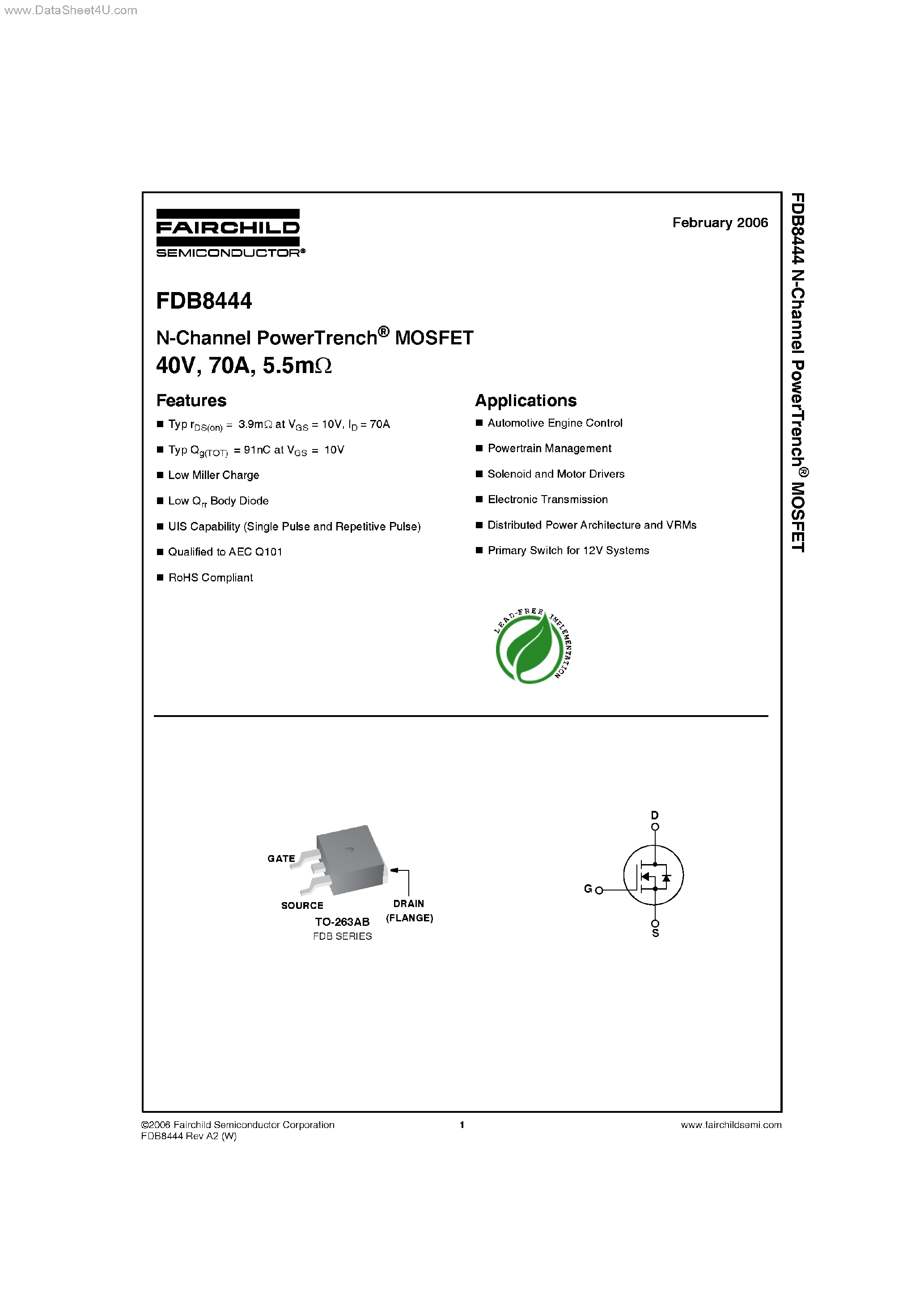 Datasheet FDB8444 - N-Channel PowerTrench page 1