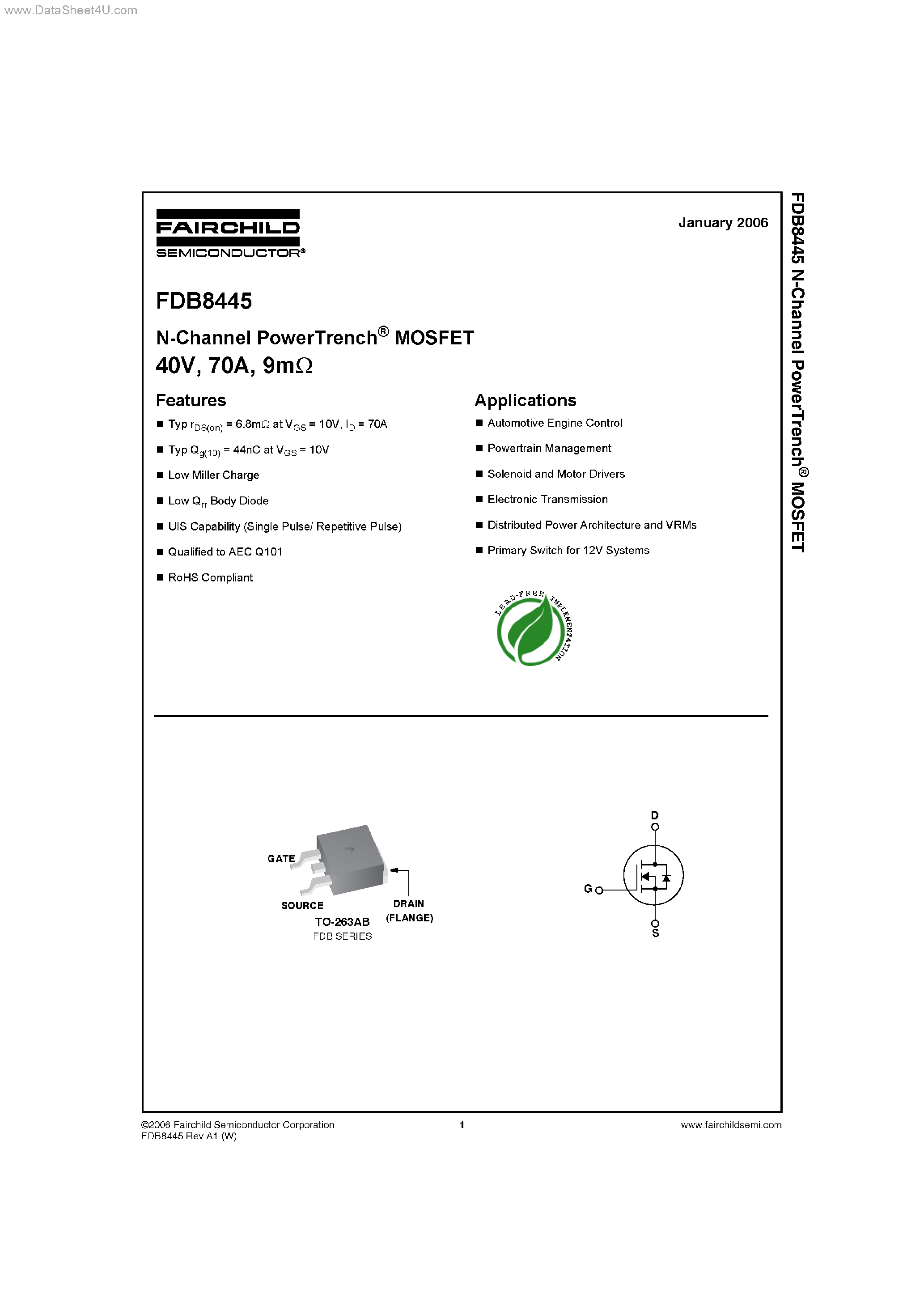 Datasheet FDB8445 - N-Channel PowerTrench page 1
