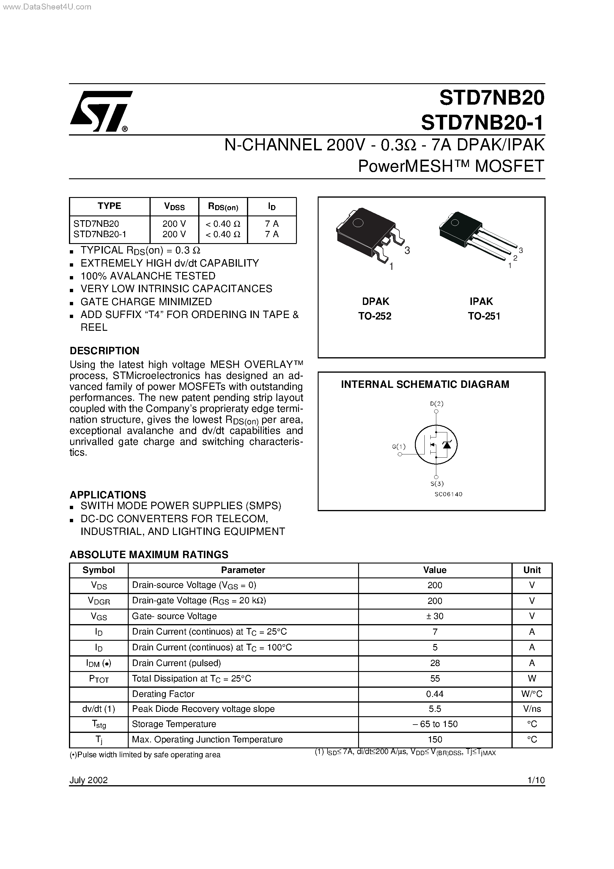 Datasheet STD7NB20 page 1 Datasheet STD7NB20 - N-CHANNEL MOSFET page 1