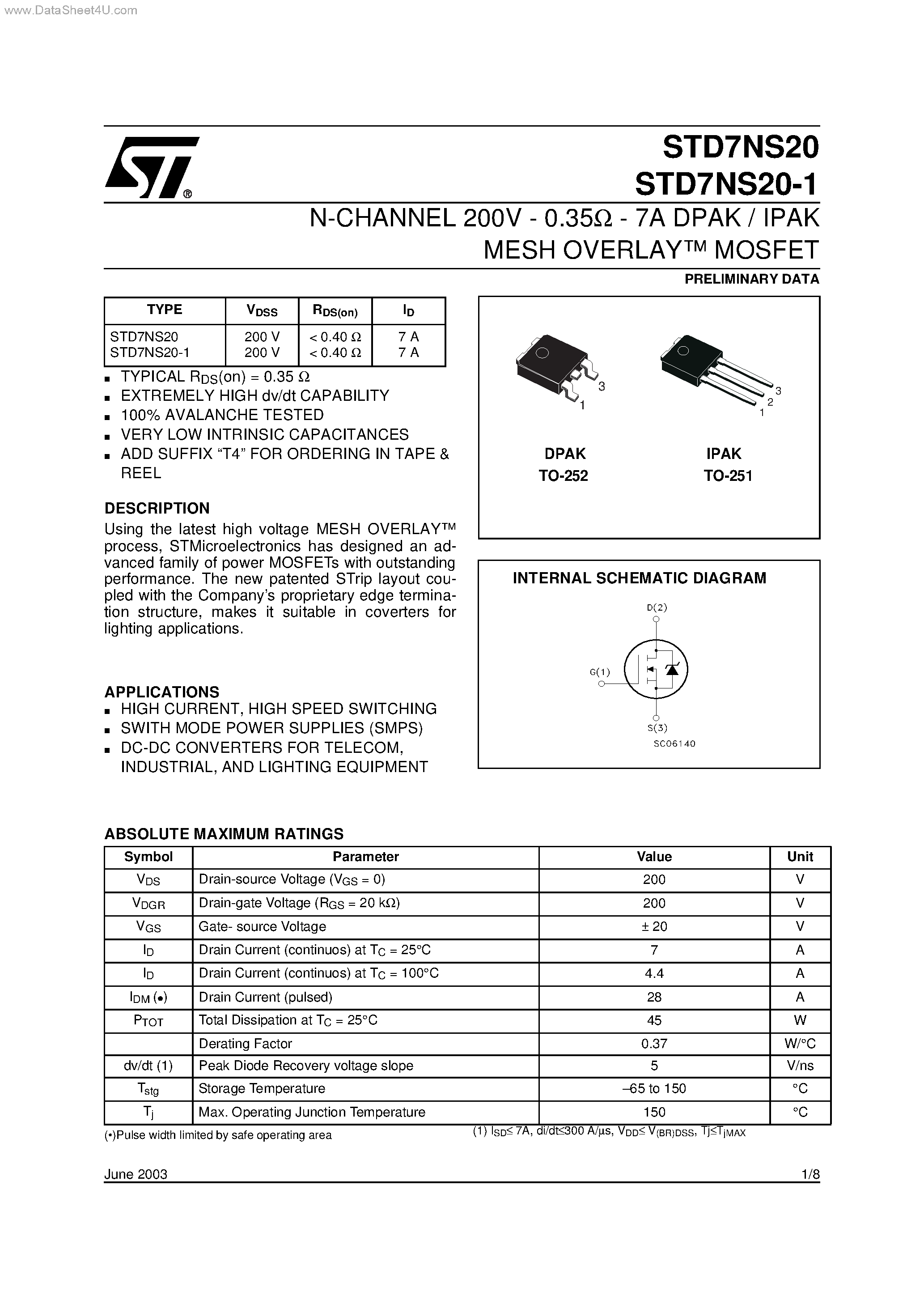 Datasheet STD7NS20 - N-CHANNEL MOSFET page 1