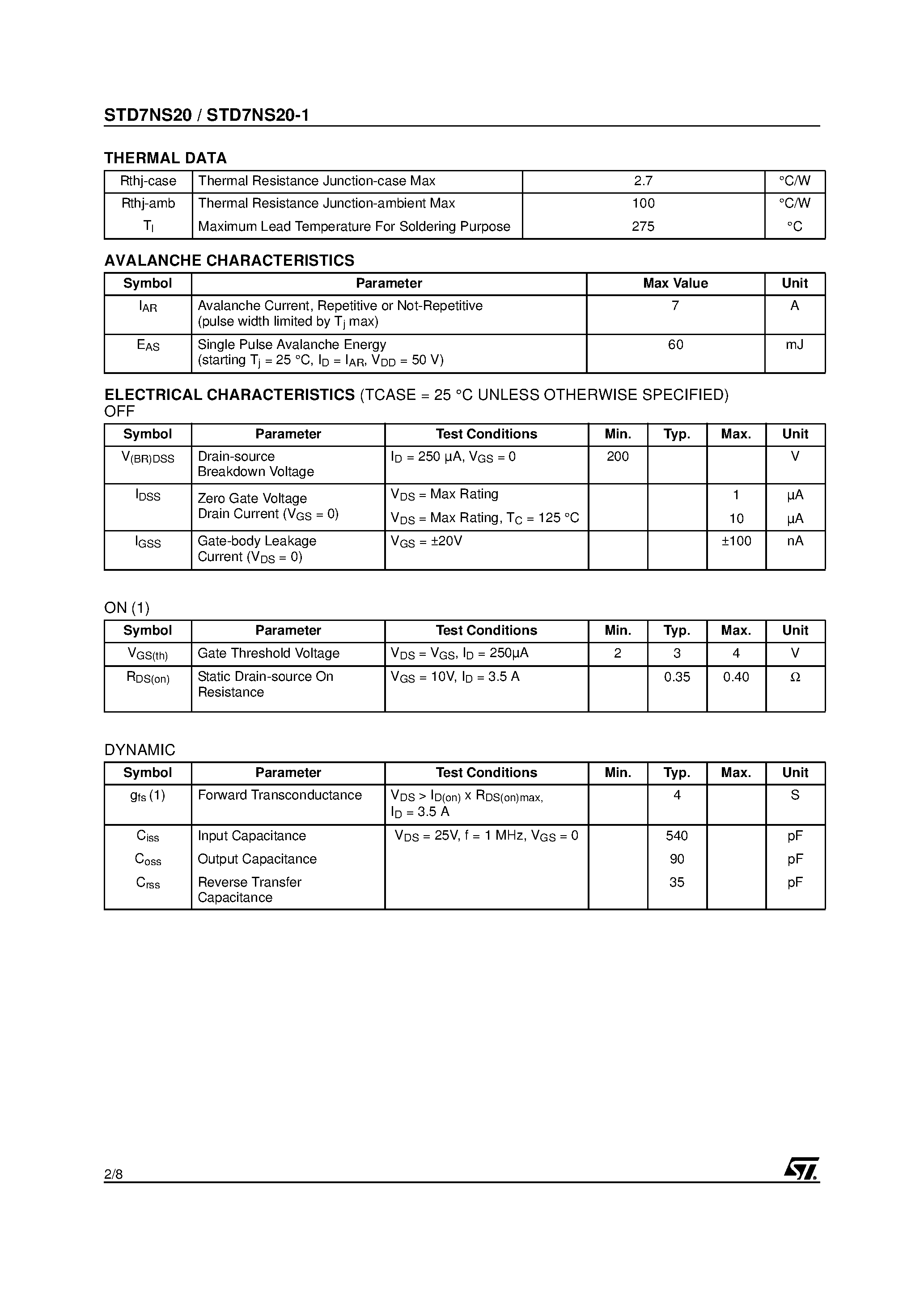 Datasheet STD7NS20 - N-CHANNEL MOSFET page 2