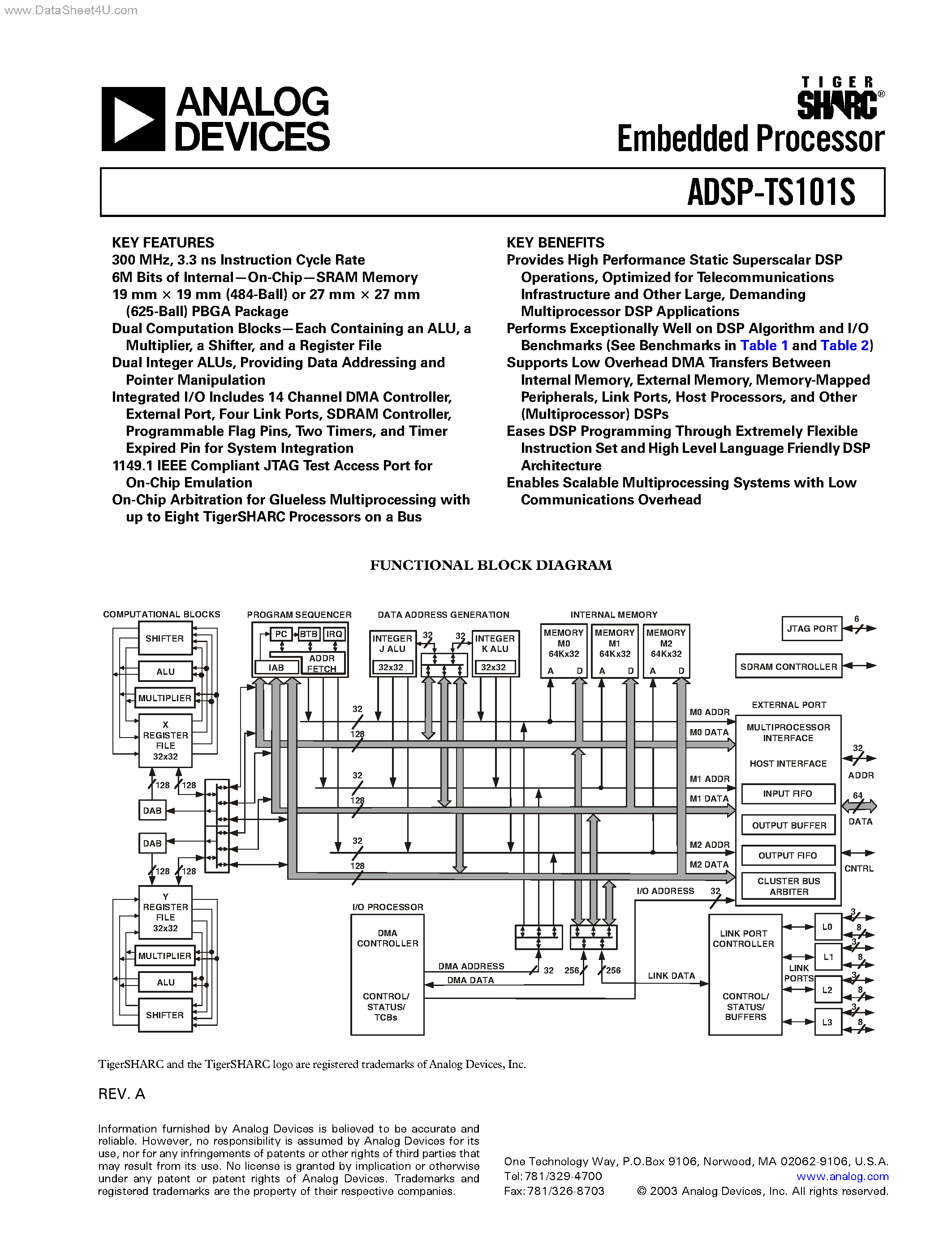 Даташит на микросхему ADSP-TS101S страница 1 Даташит ADSP-TS101S - Embedded Processor страница 1