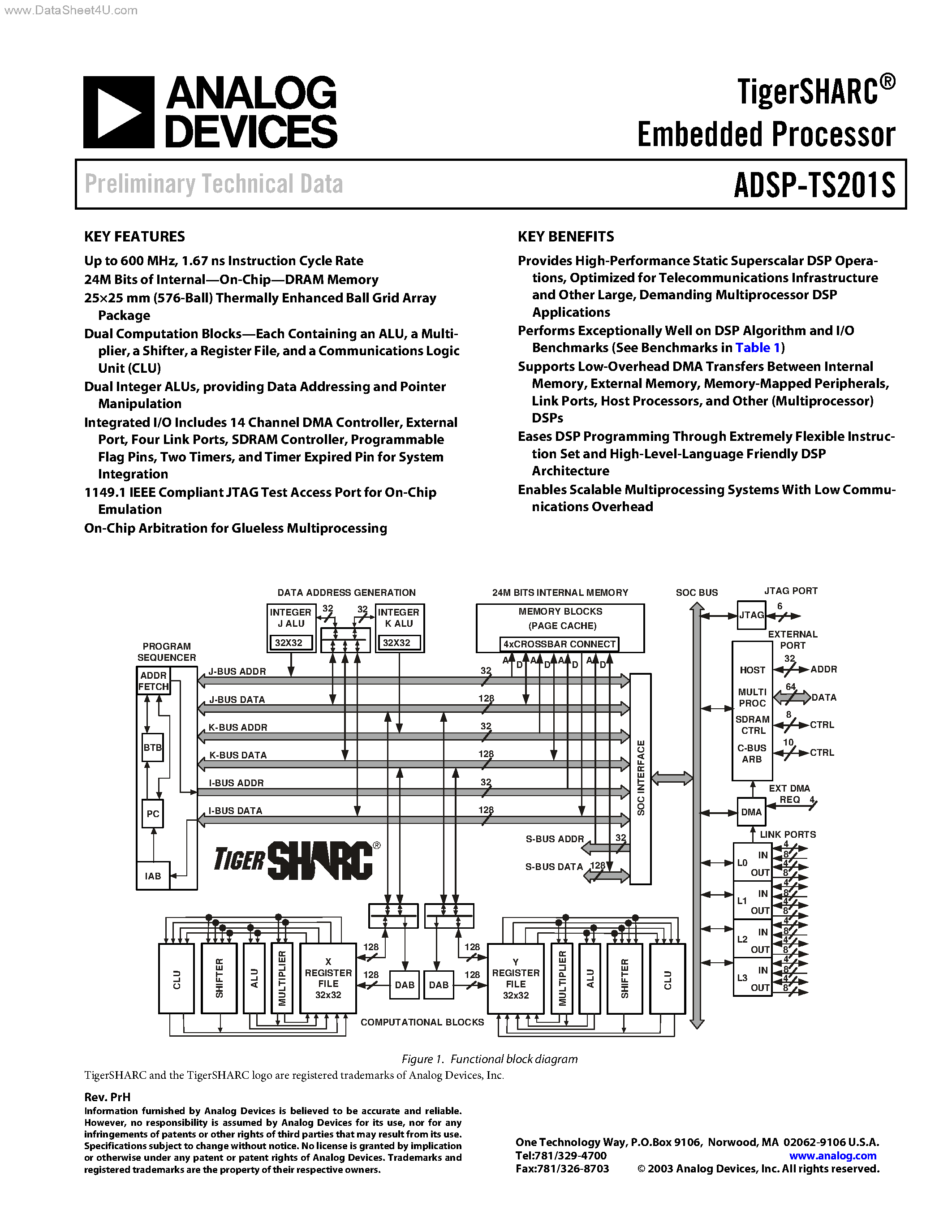 Даташит ADSP-TS201S - TigerSHARC-R Embedded Processor страница 1